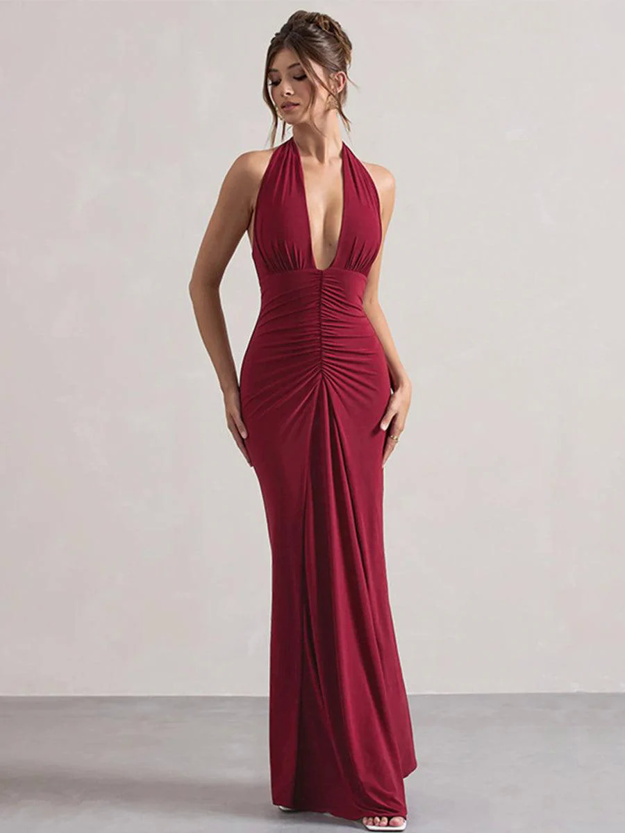 Halter Ruched Backless Formal Dress MYT1003