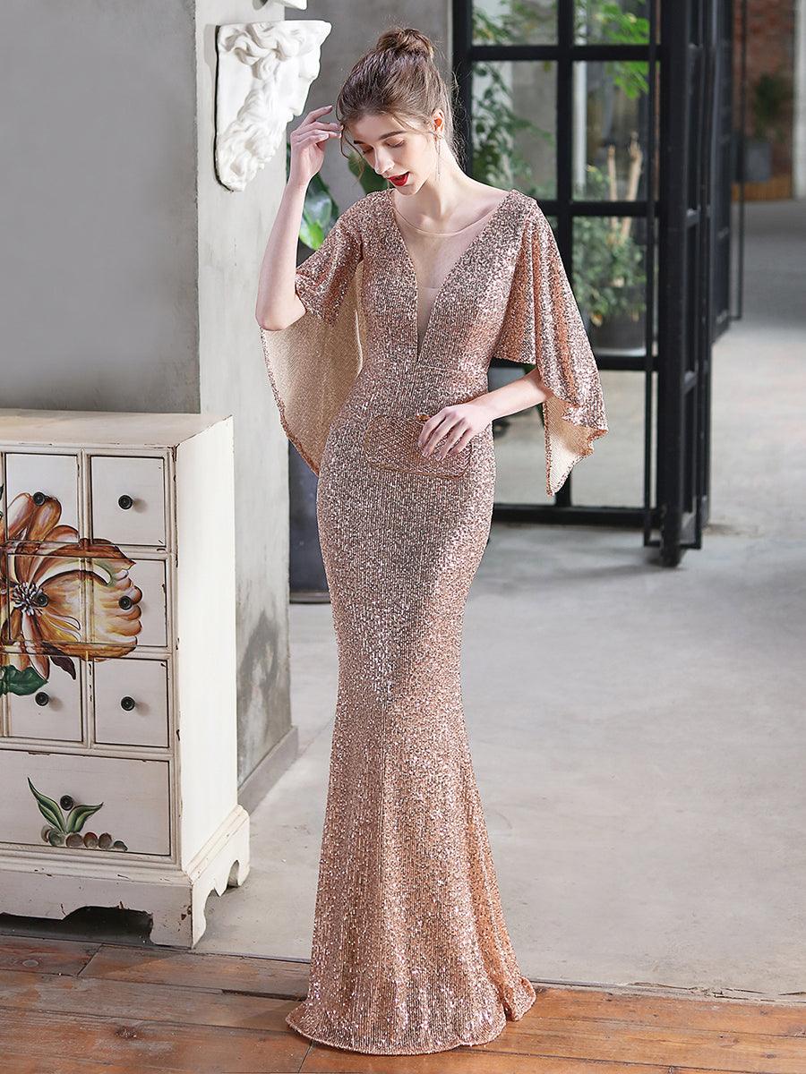 V-neck Ruffled Sequin Mermaid Prom Dress MCW1021