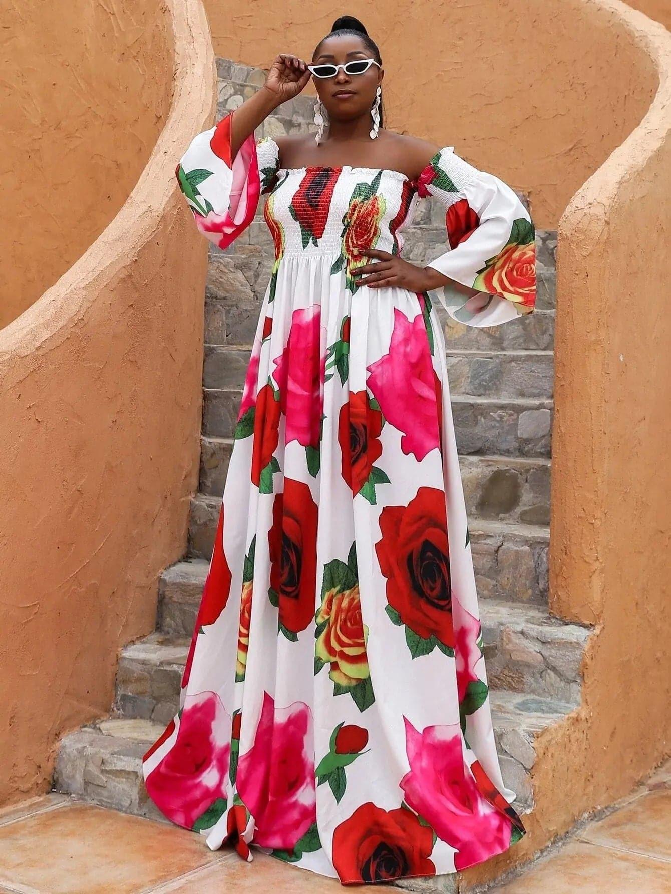 Missord Plus Floral Print Shirred Bardot Dress P0121