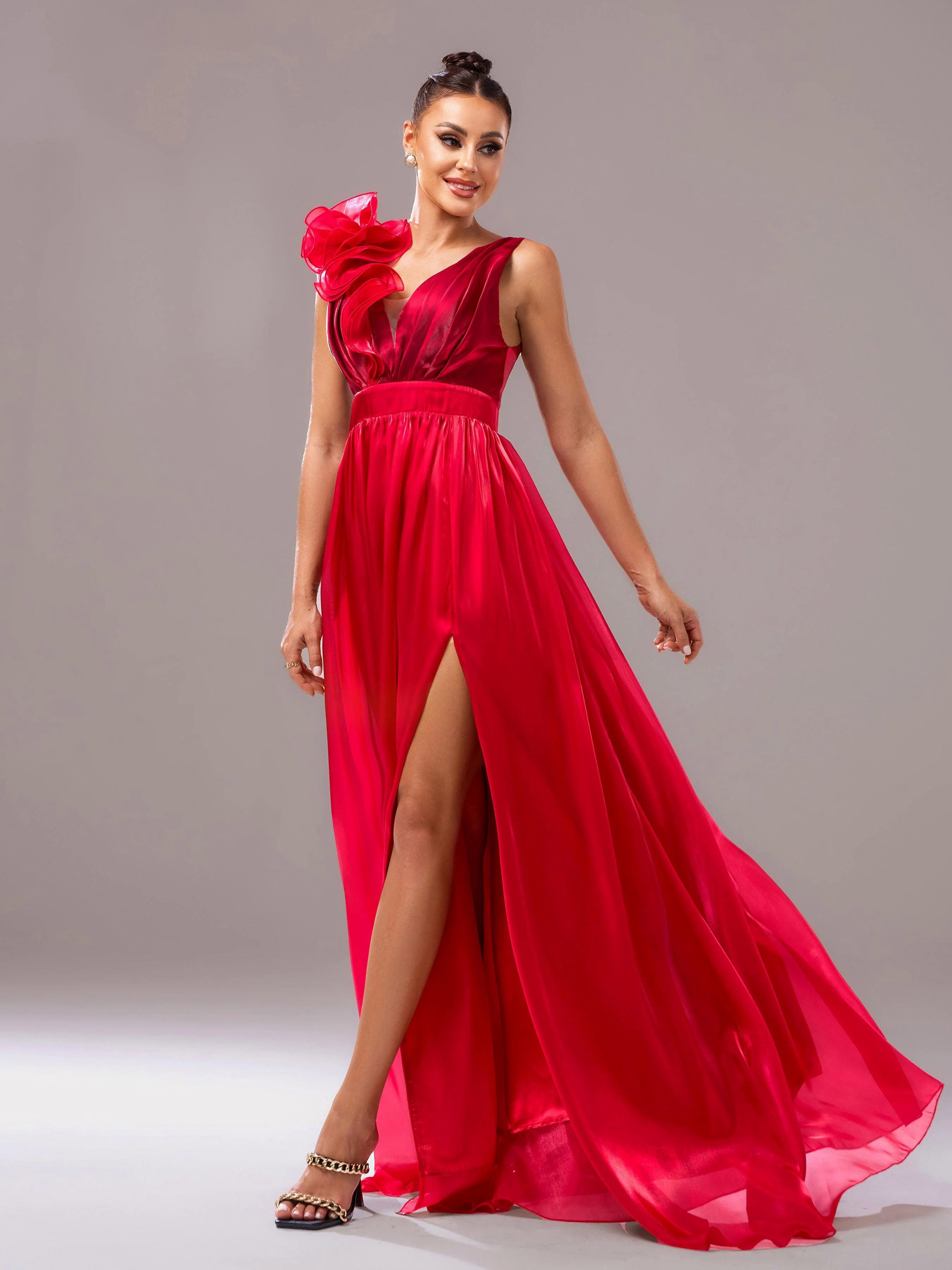 Red Floral Satin V-Neck A-line Evening Dress GZ60108