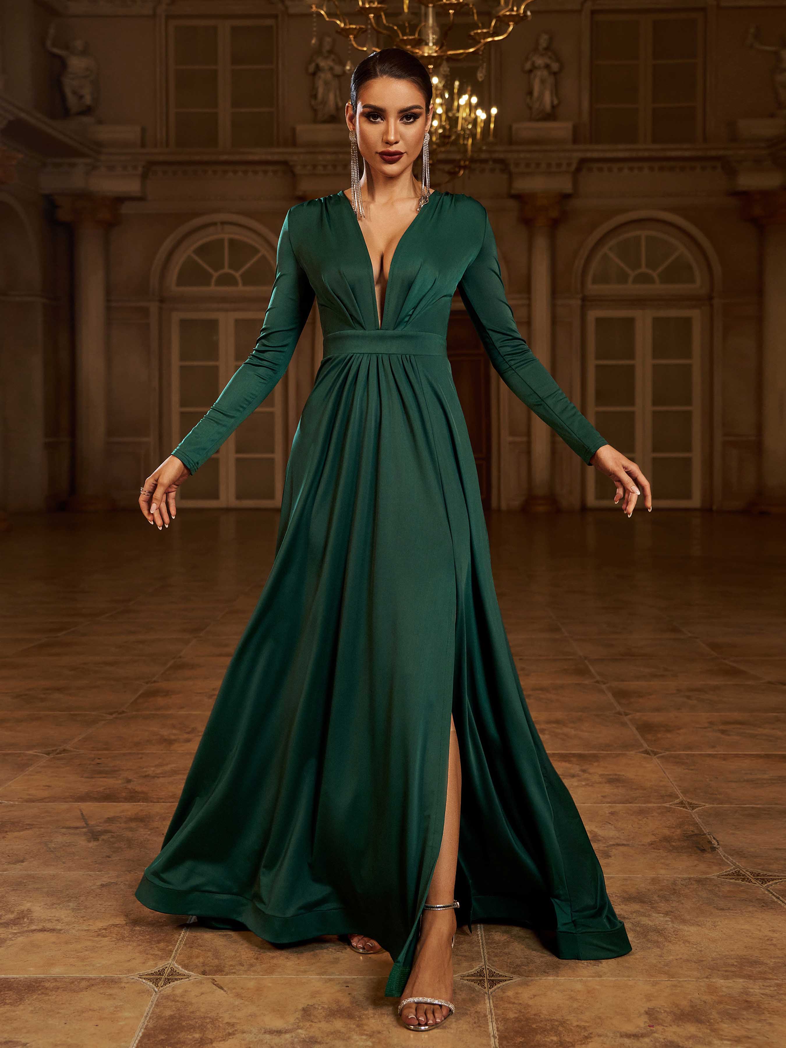 V-neck Long Sleeve Split Maxi Dress XH1221