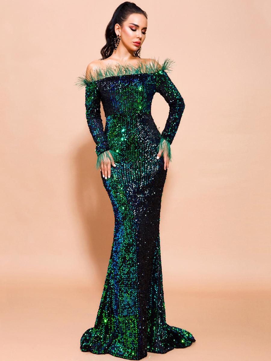 Off Shoulder Feather Sequin Evening Dress FT19005