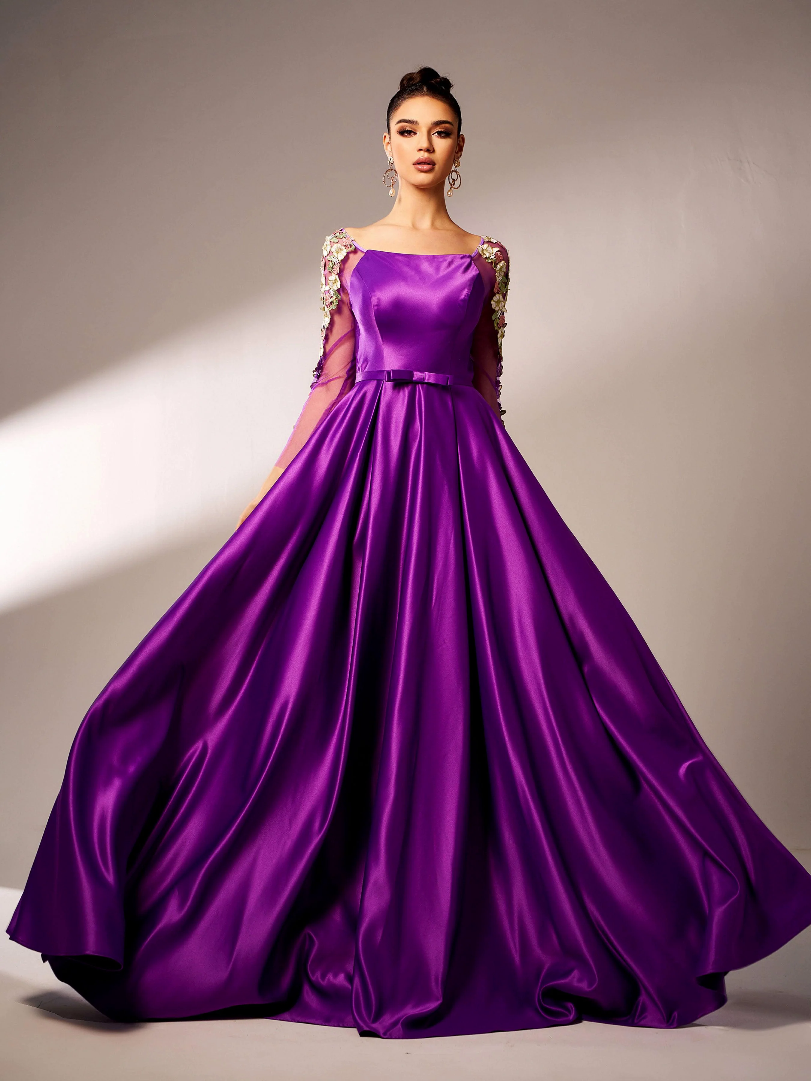 Embroidered Long Sleeve Purple A-line Evening Dress GM90144