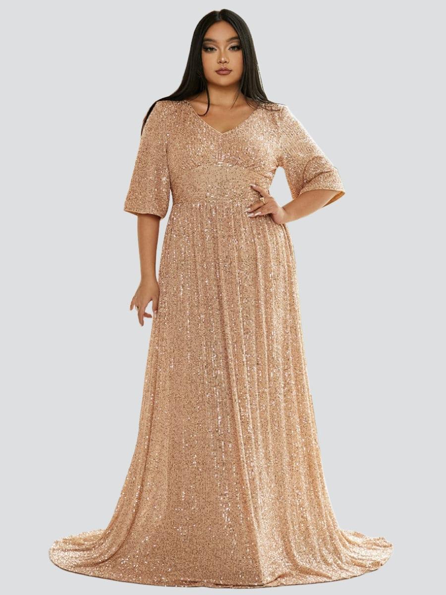 Plus V Neck Sequin Apricot Evening Dress PXJ2647