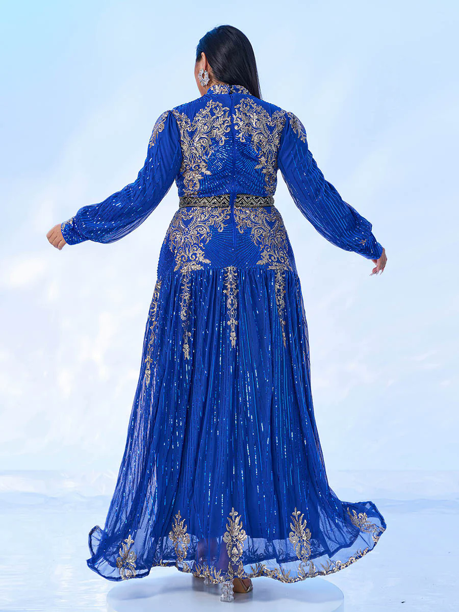 Plus Stand Collar Sequin A-line Dress PMES00341