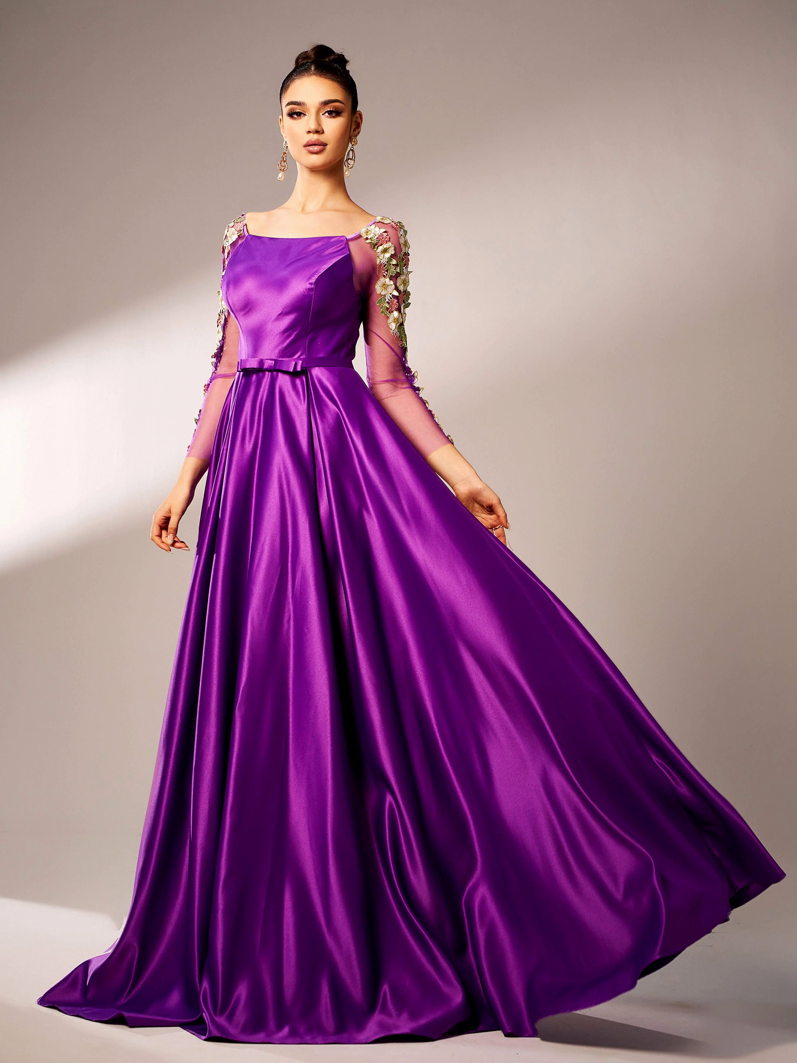 Embroidered Long Sleeve Purple A-line Evening Dress GM90144