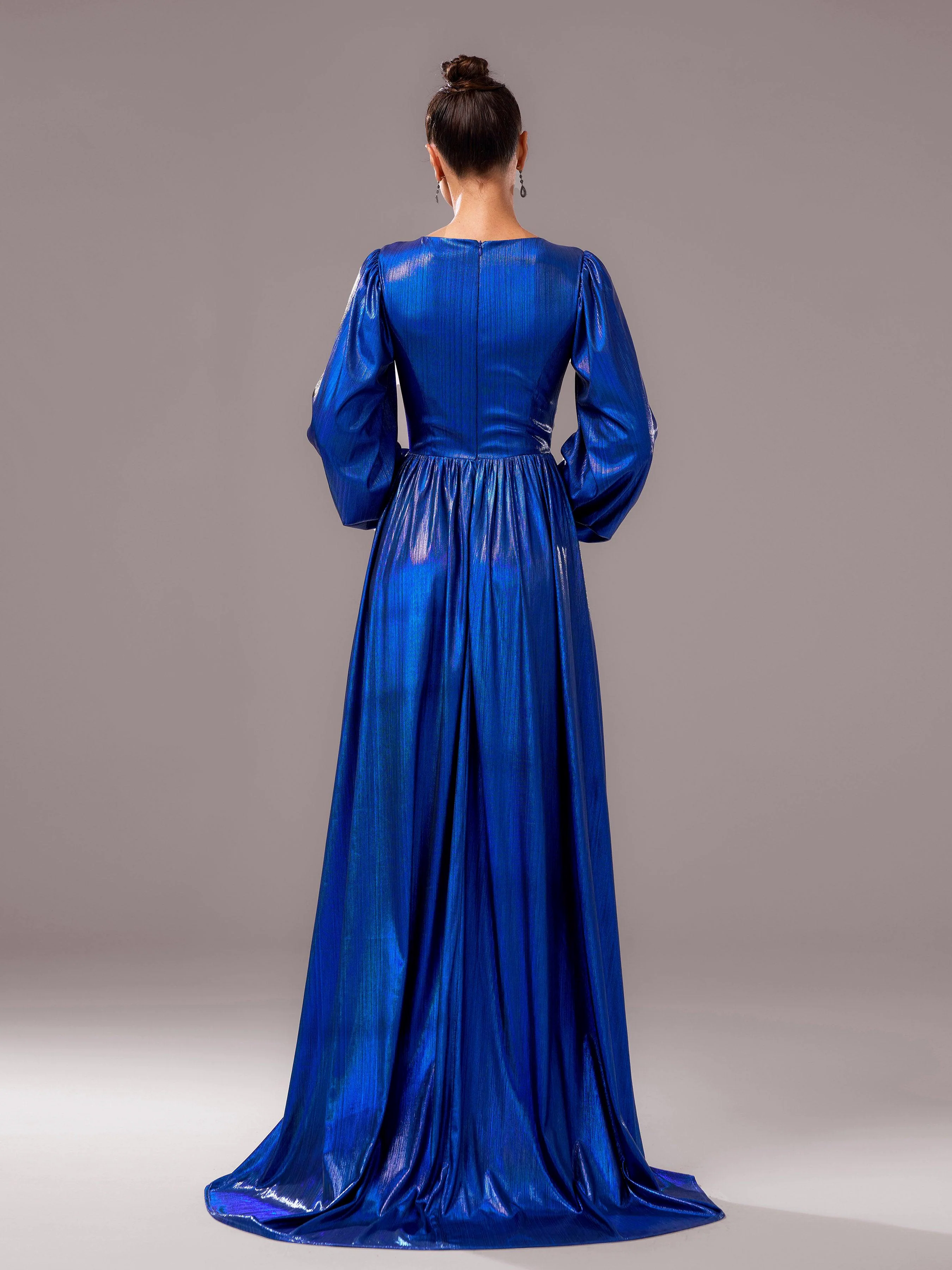 Blue V-neck Long Sleeve A-line Prom Dress DH80273