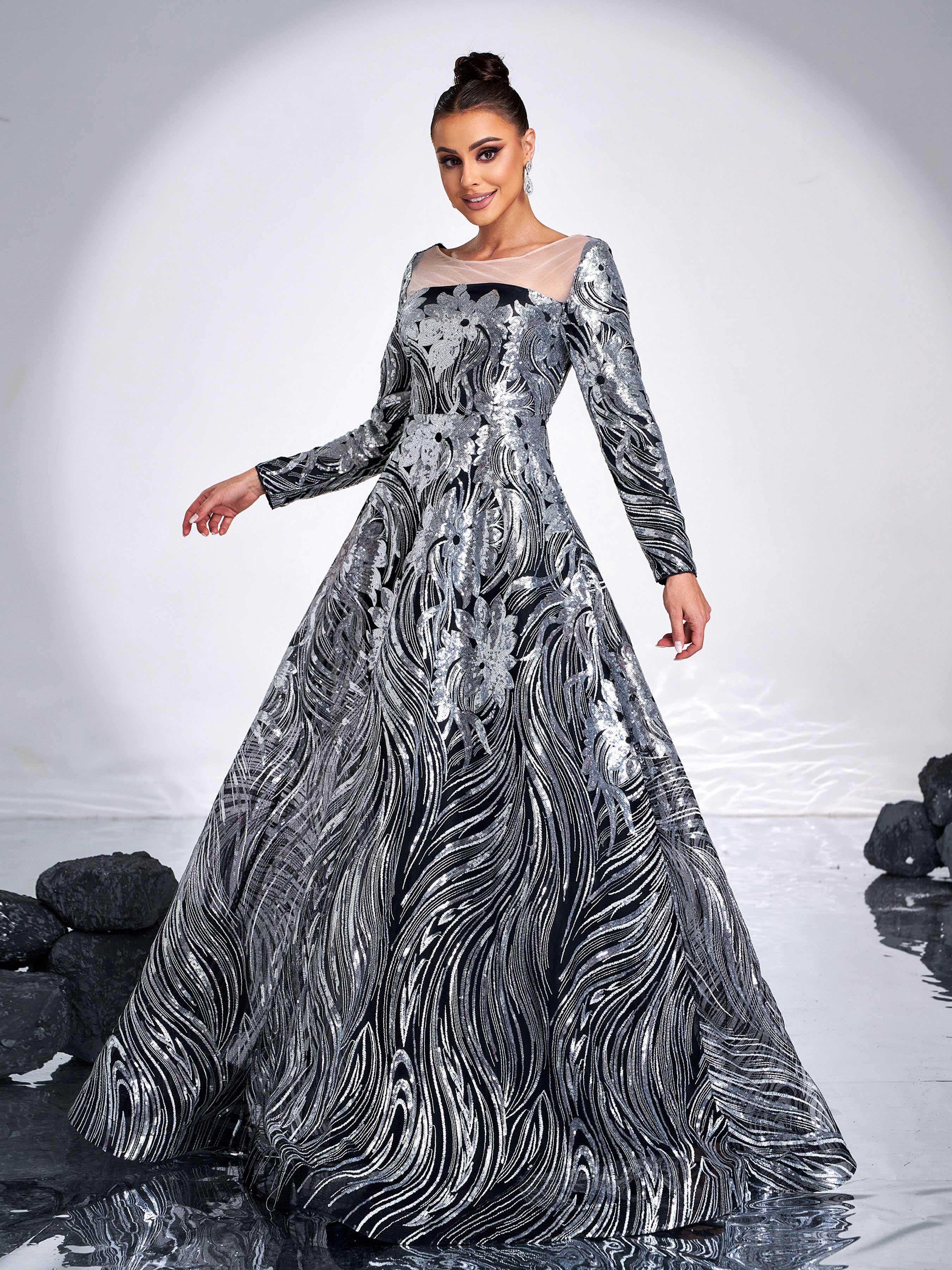 Black Panel A-line Sequin Evening Dress GM00588