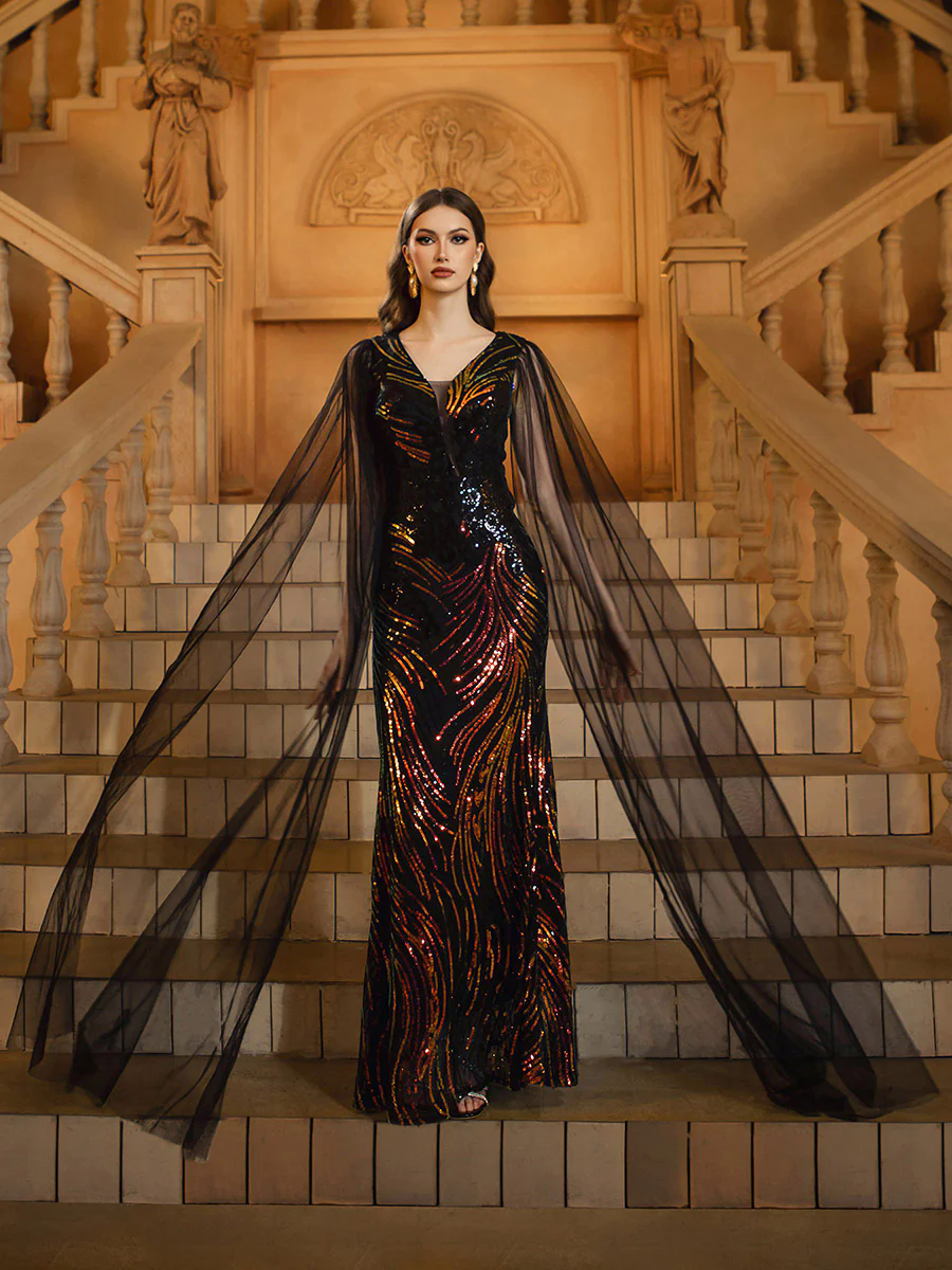 Black Mesh Sleeve Sequin Formal Dress RX70362