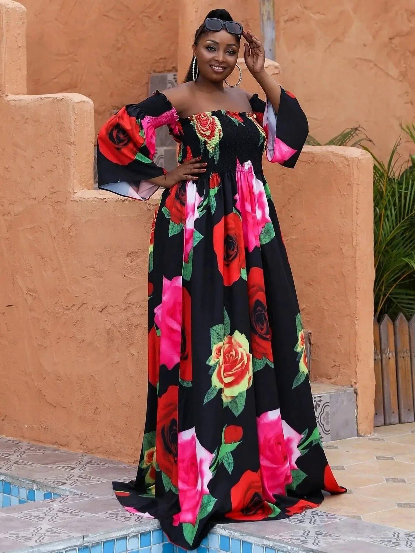 Missord Plus Floral Print Shirred Bardot Dress P0121