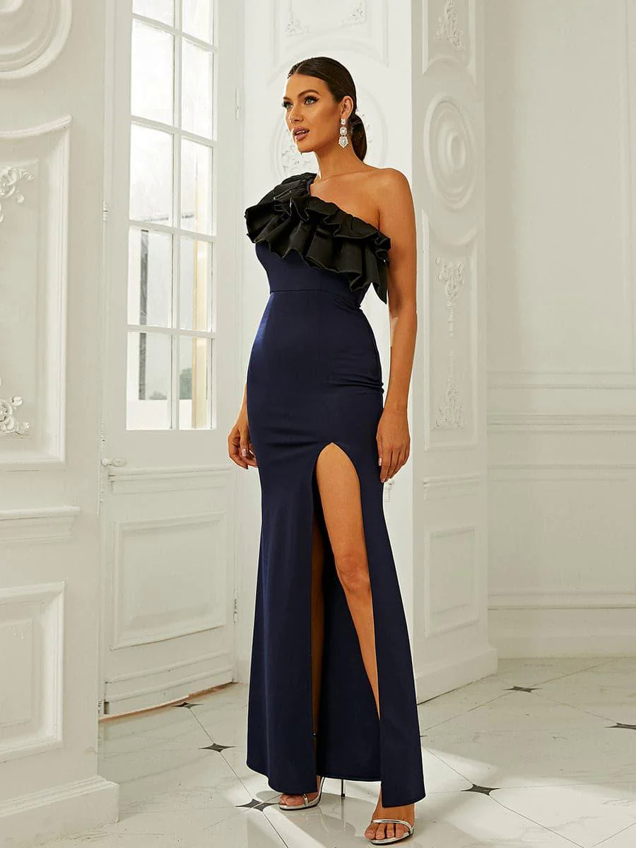 Elegant One Shoulder Ruffle Navy Prom Gown XJ1363