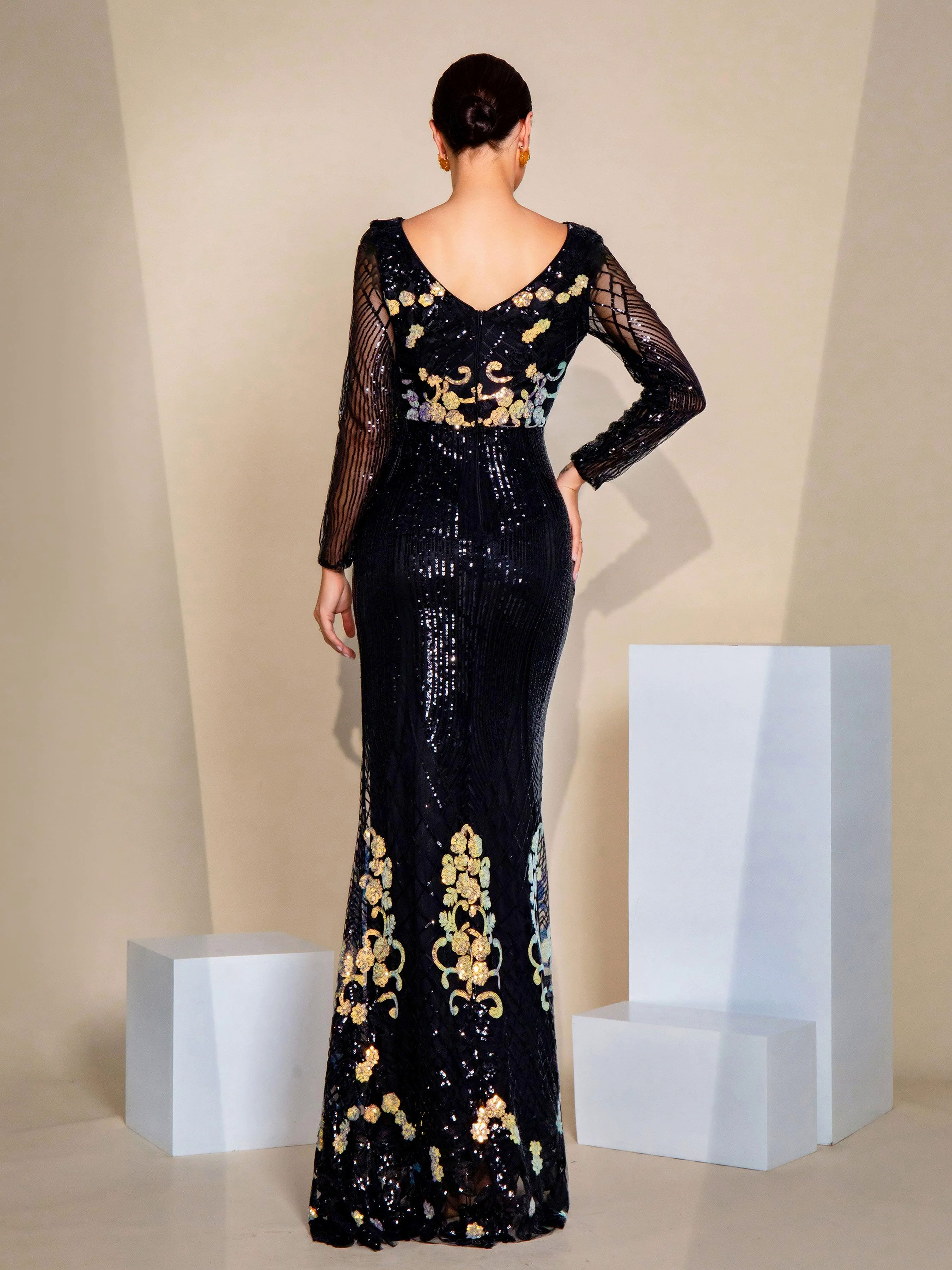 Floral Sequin Balck Mermaid Evening Dress GM00451