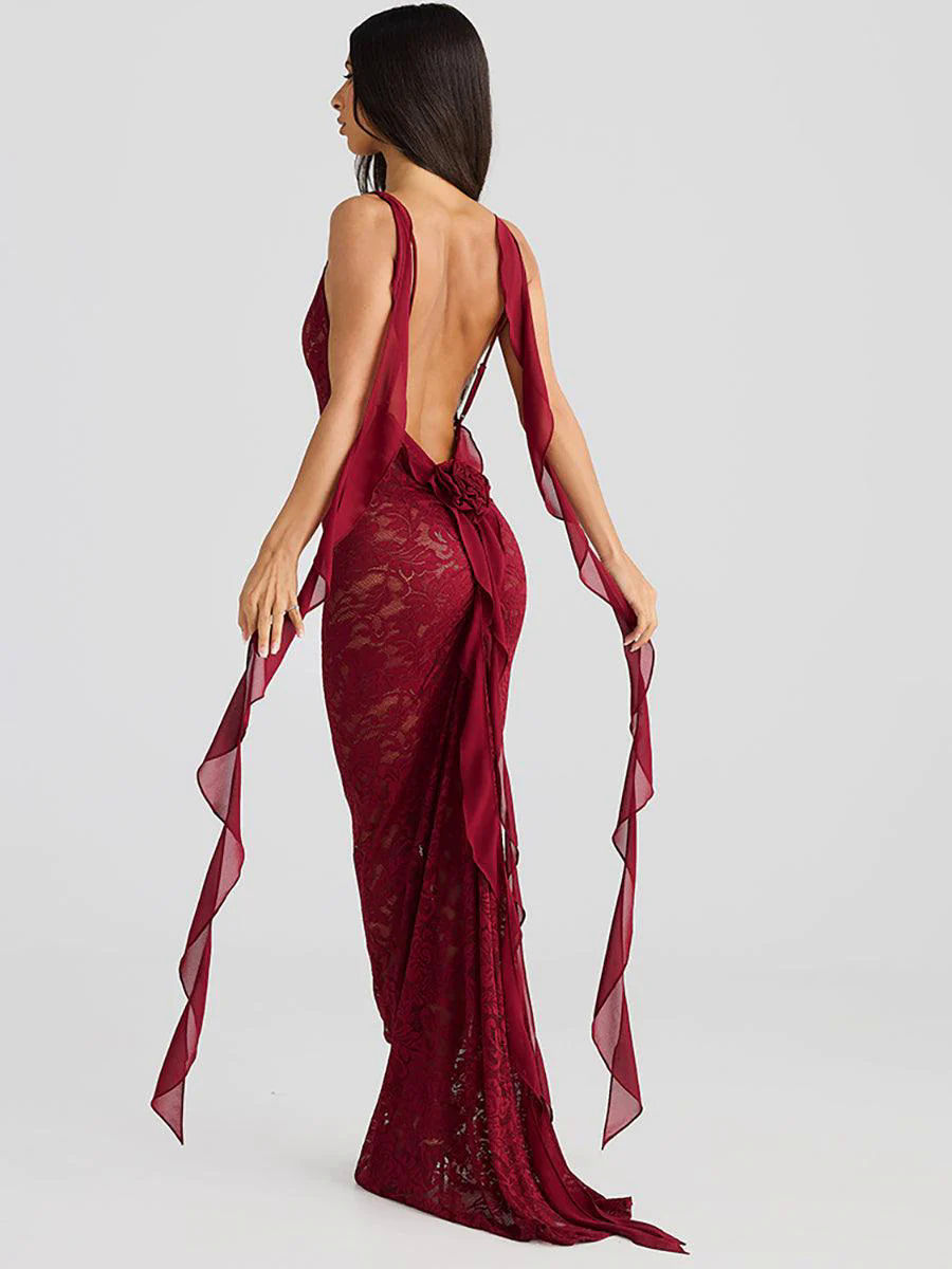 Backless Lace See-through Floral Party Dress MYC2025