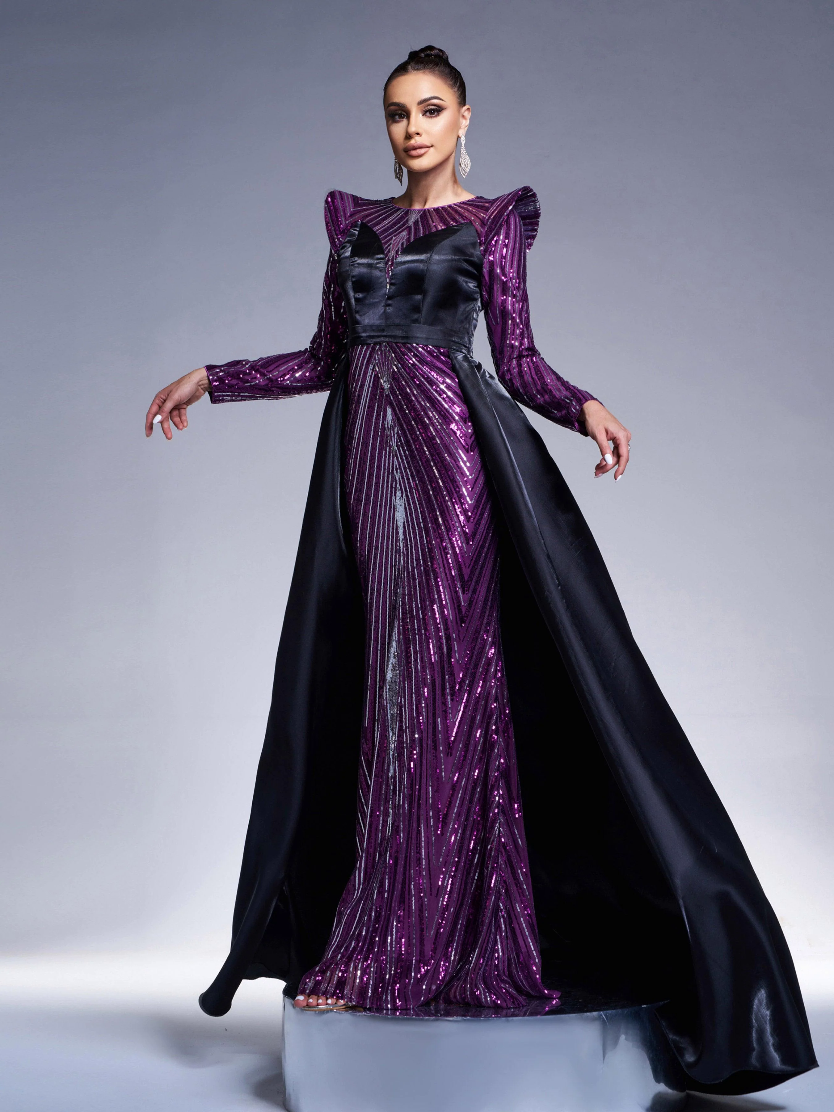 Purple Sequin Sheer Cape Evening Dress GZ60044