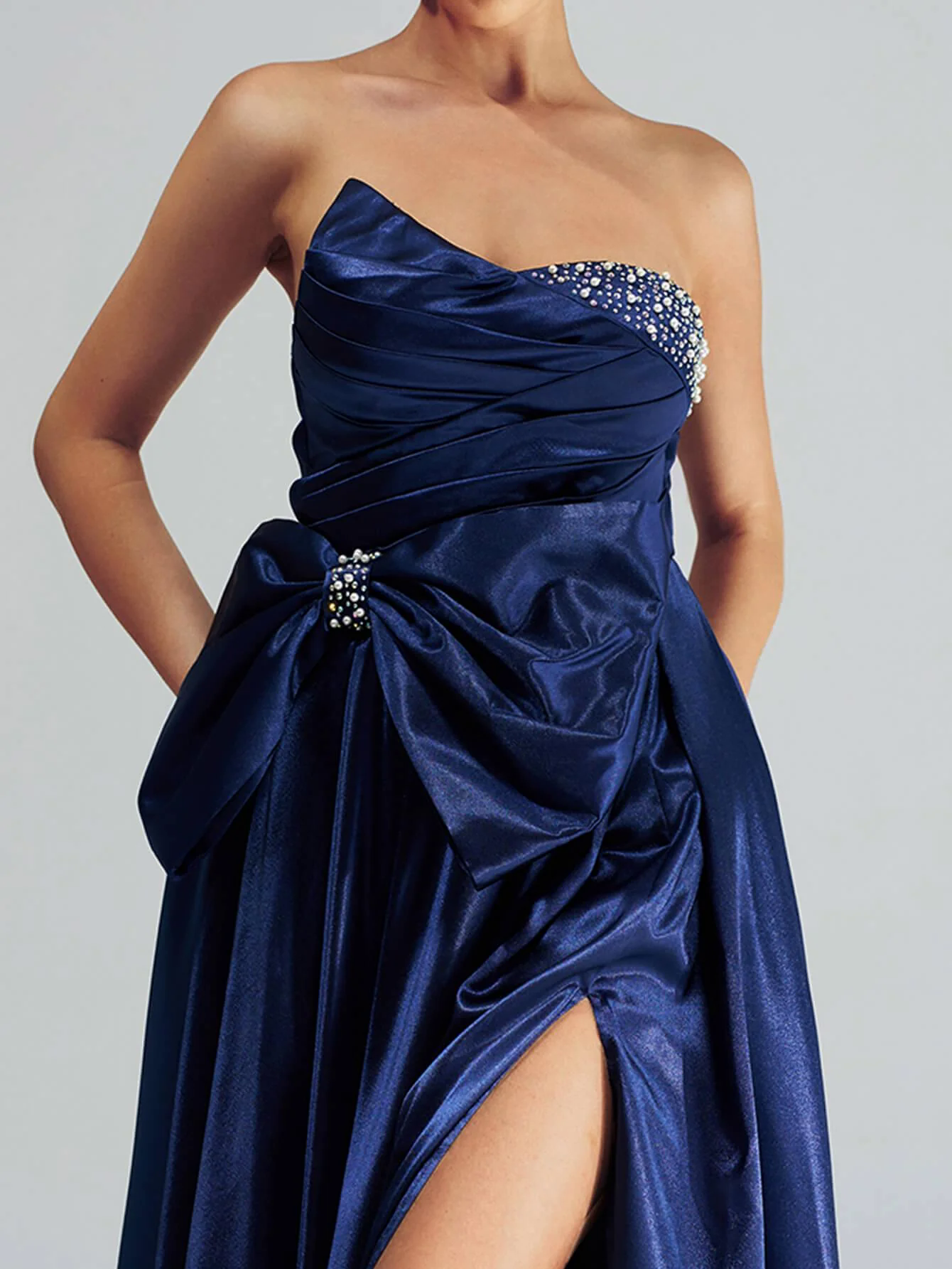 Bowknot Ruched Beaded Evening Dress GZ60067