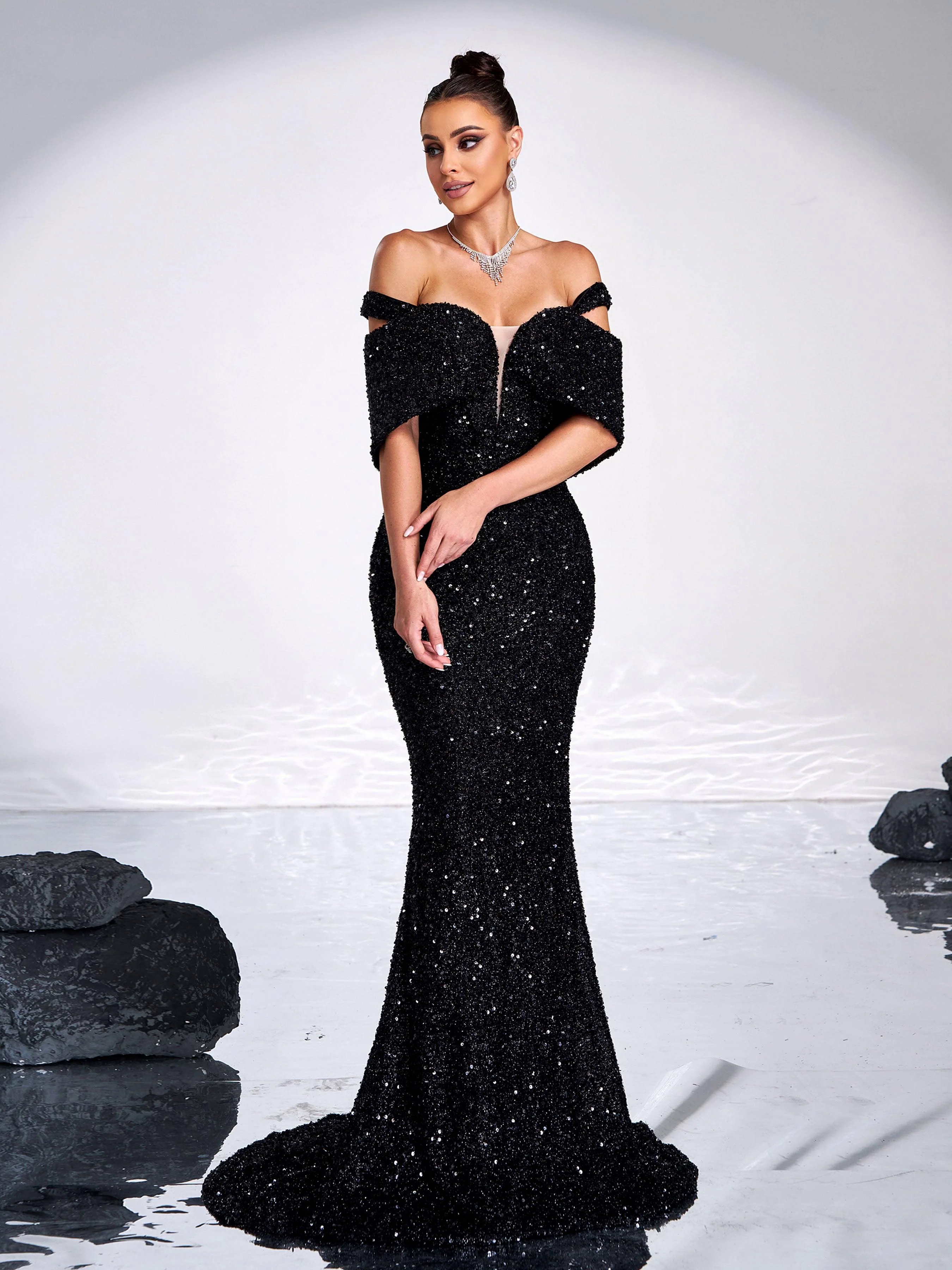 Sexy V-Neck Off Shoulder Sequin Formal Mermaid Dress RJ11992