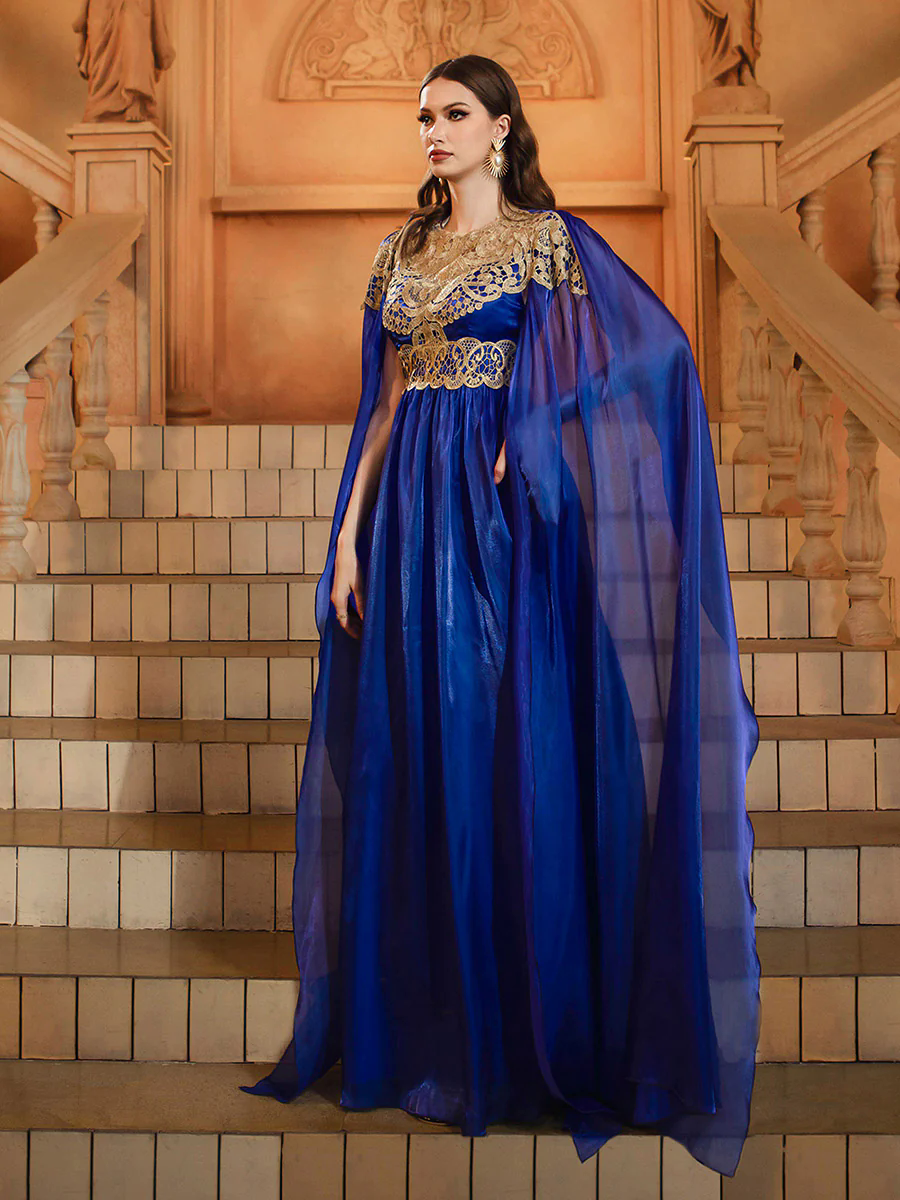 Blue Cape Sleeve Muslim Embroidered Dress DH80540