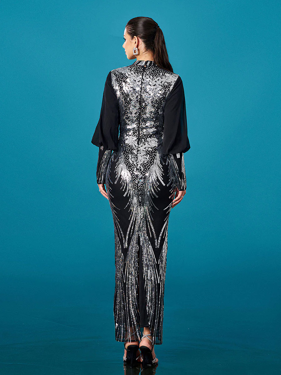 Silver Graphic Sequin Ballon Sleeve Prom Dress M00718