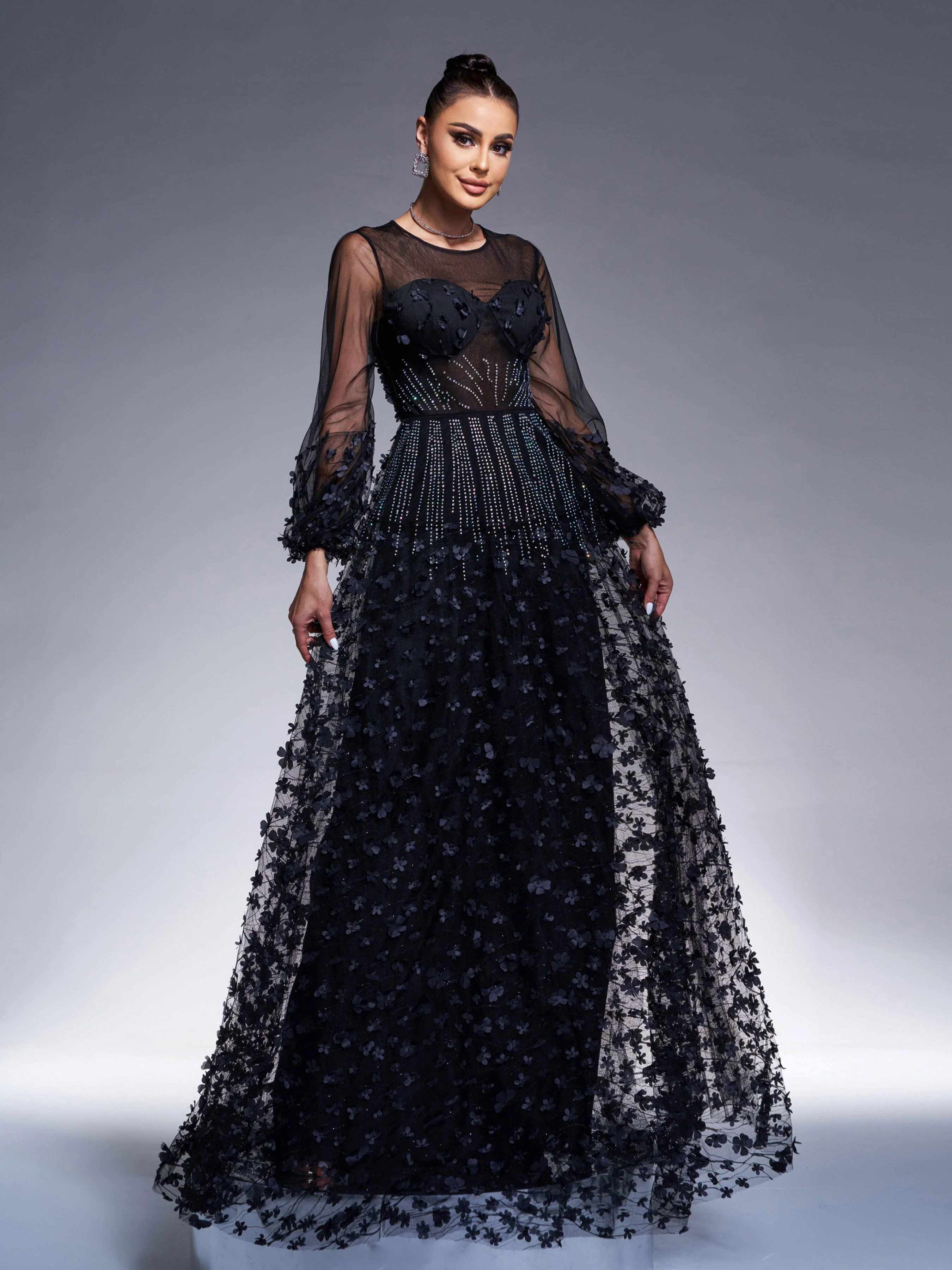 Appliqued Long Sleeve A-line Evening Dress RJ11934