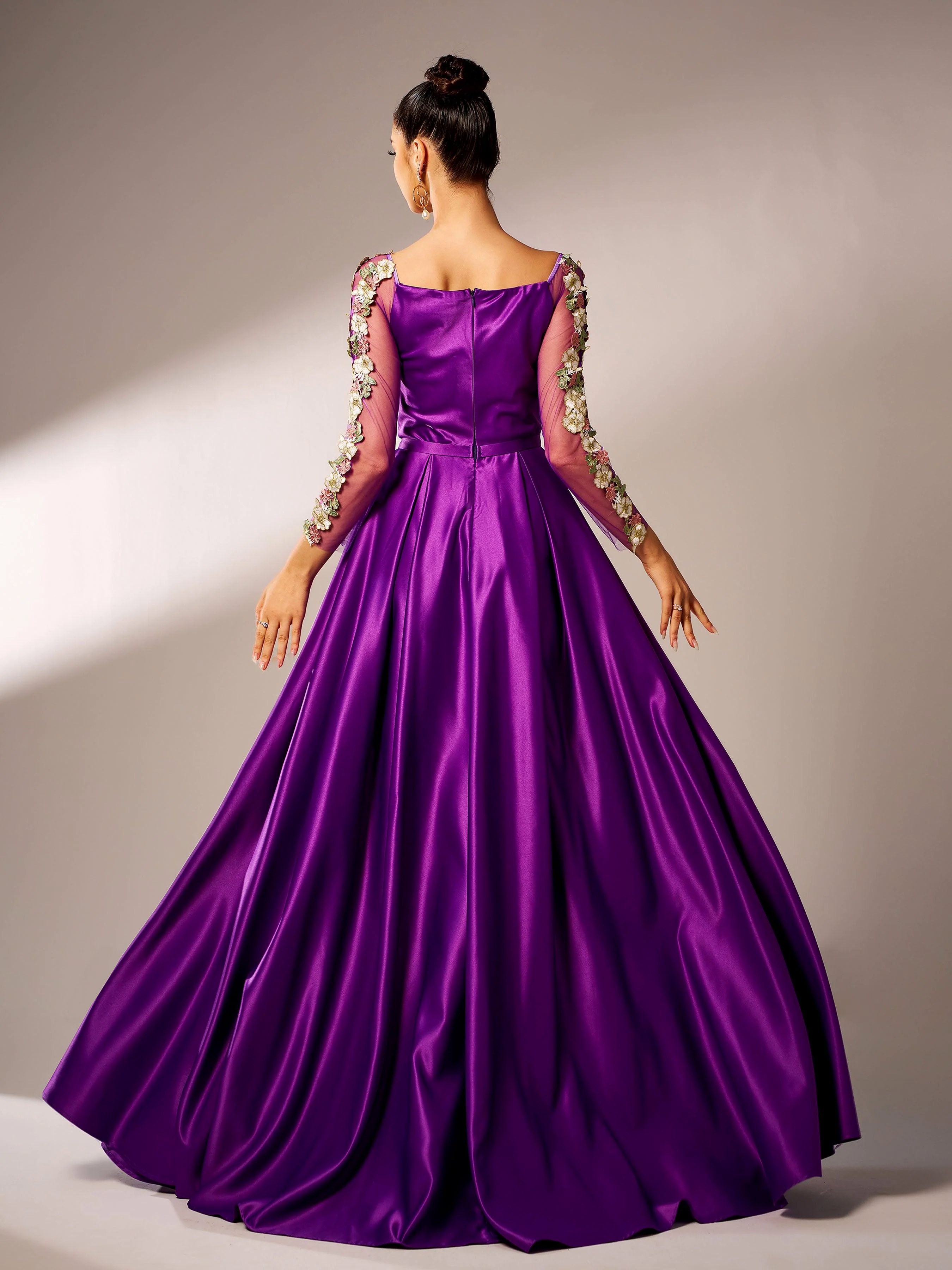 Embroidered Long Sleeve Purple A-line Evening Dress GM90144