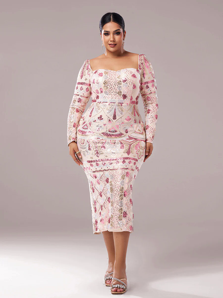 Plus Square Neck Sequin Split Midi Dress PRM20830