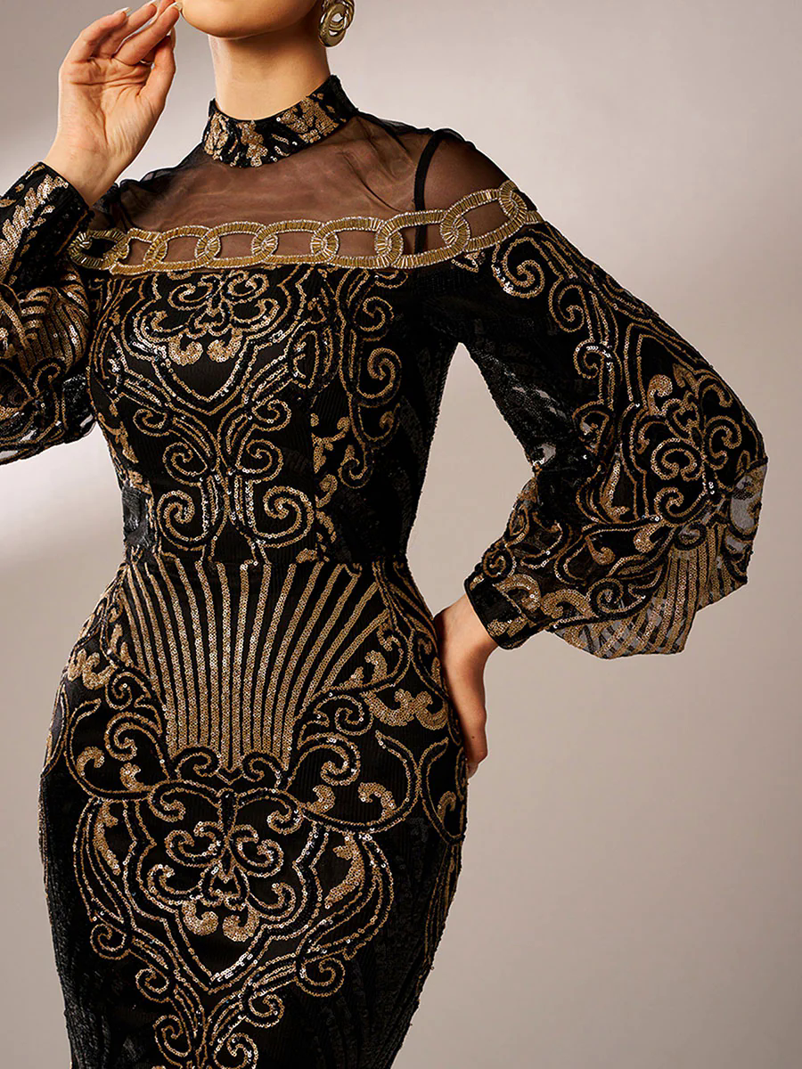 Luxe Embroidered Ballon Sleeve Evening Dress DH80229