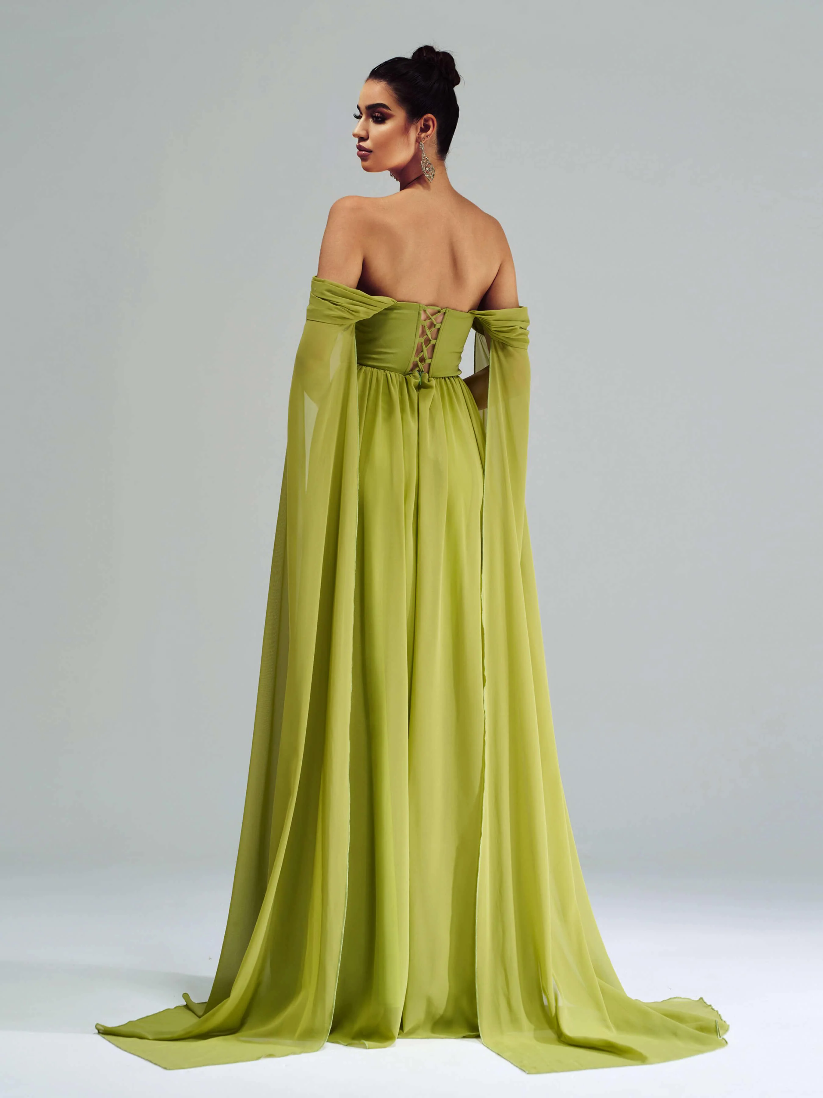 Green Chiffon Rhinestone Off Shoulder Prom Dress RX70147