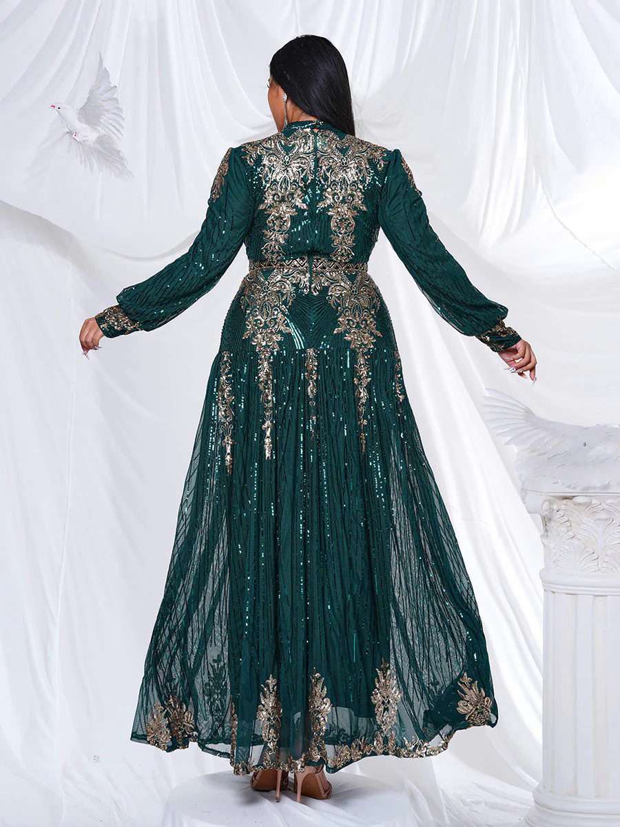 Plus Stand Collar Sequin A-line Dress PMES00341