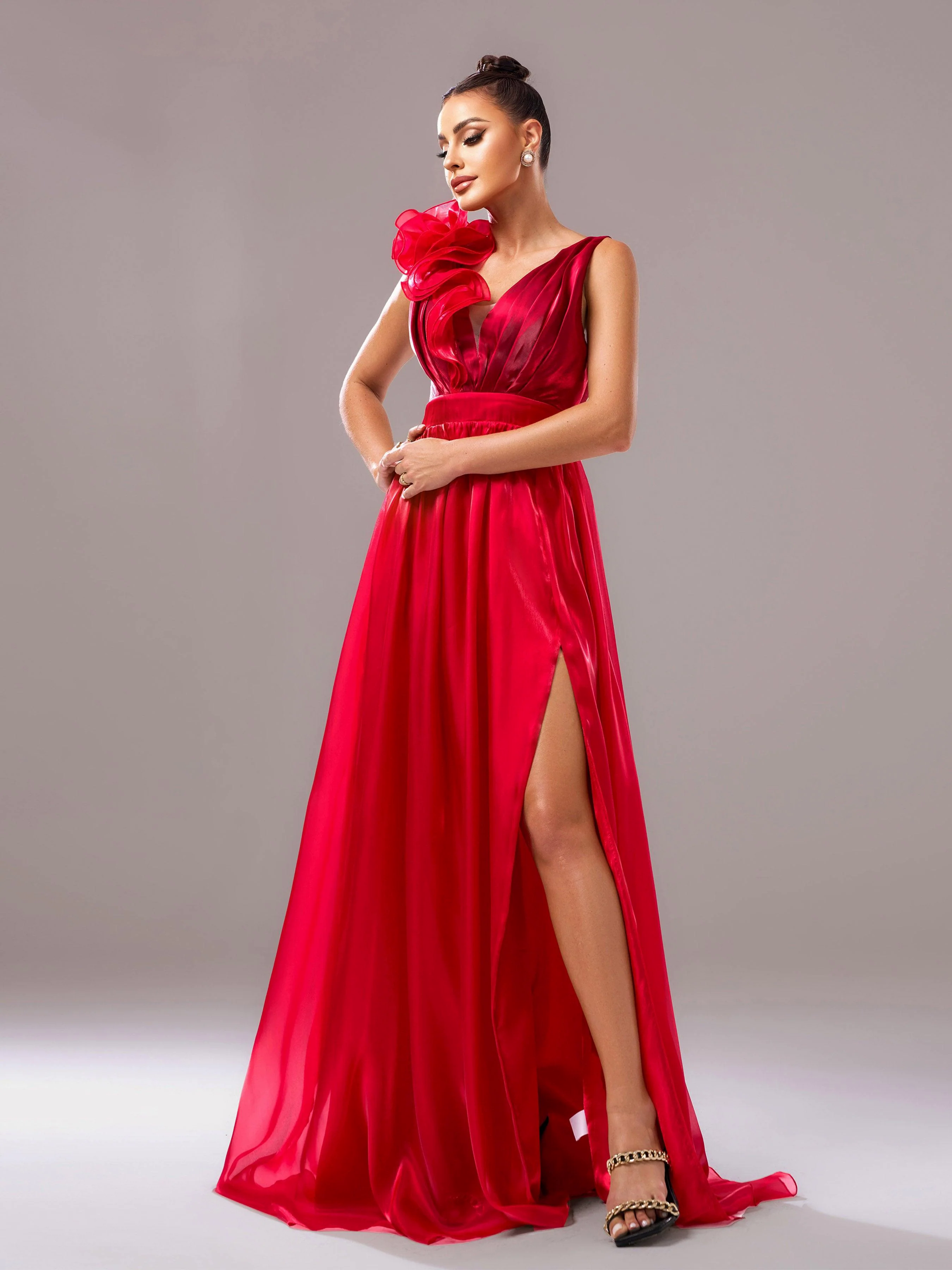 Red Floral Satin V-Neck A-line Evening Dress GZ60108