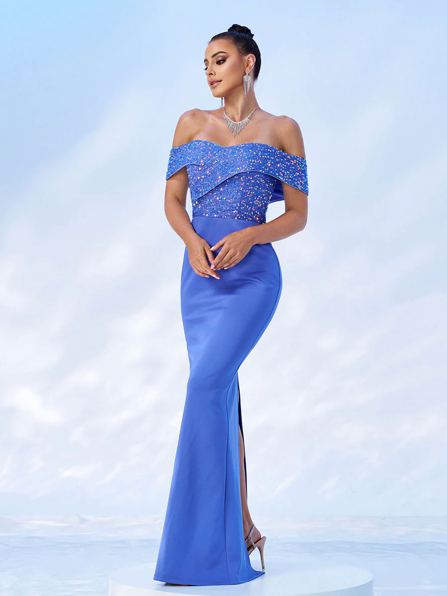 Off Shoulder Sequins Panel Black Evening Dress RM20181