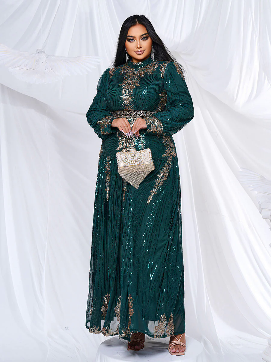 Plus Stand Collar Sequin A-line Dress PMES00341