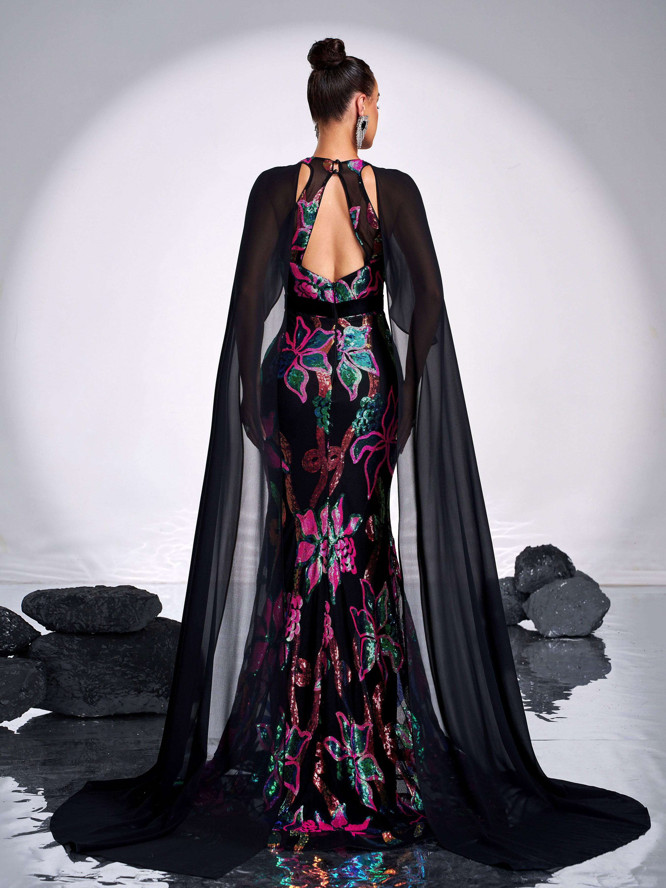 Elegant Round Neck Floral Sequin Mermaid Evening Dress DH80213