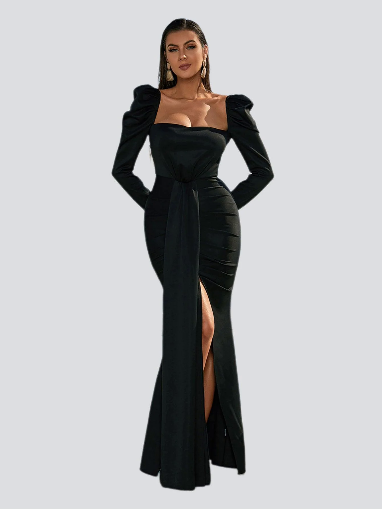 Puff Long Sleeve Split Black Mermaid Prom Dress XJ979