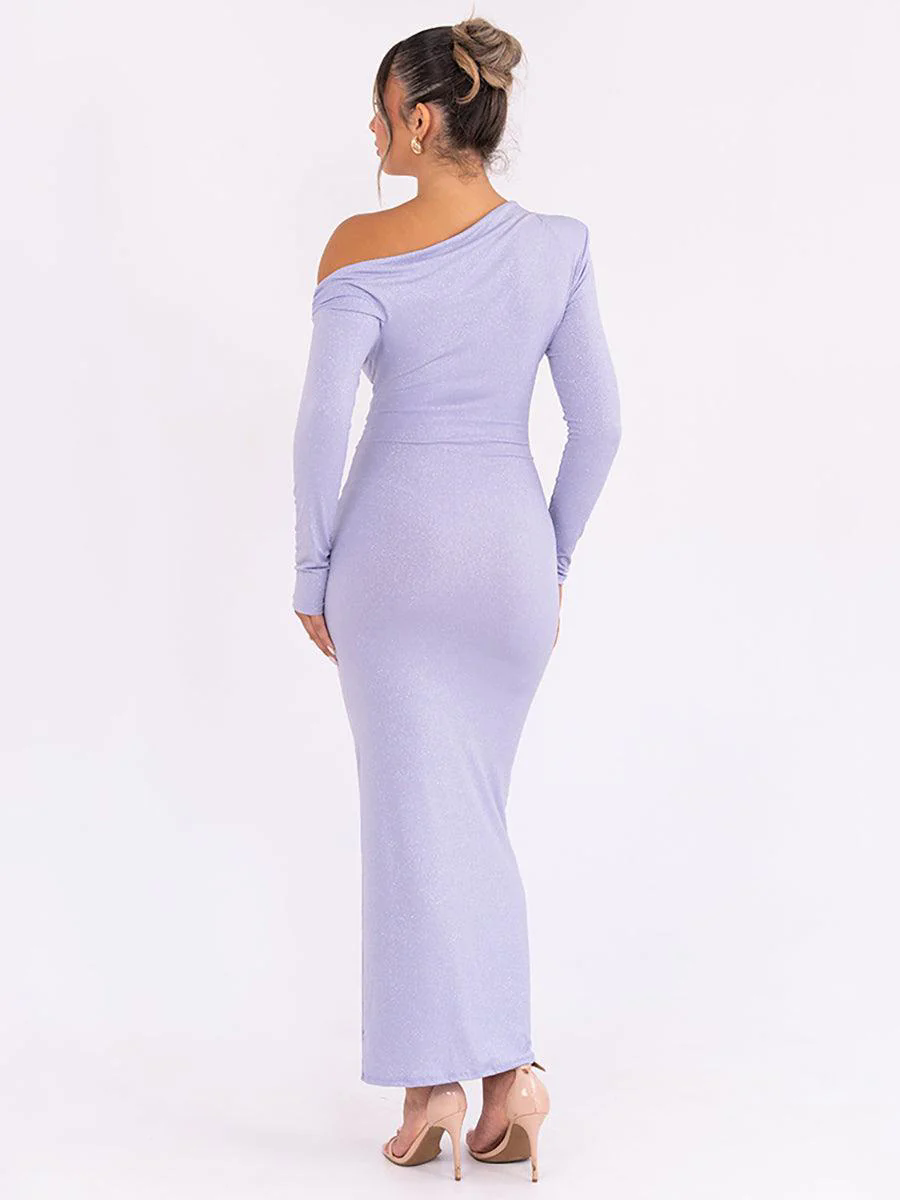 Slash Neck Solid Ruched Knot Prom Dress MYC2023