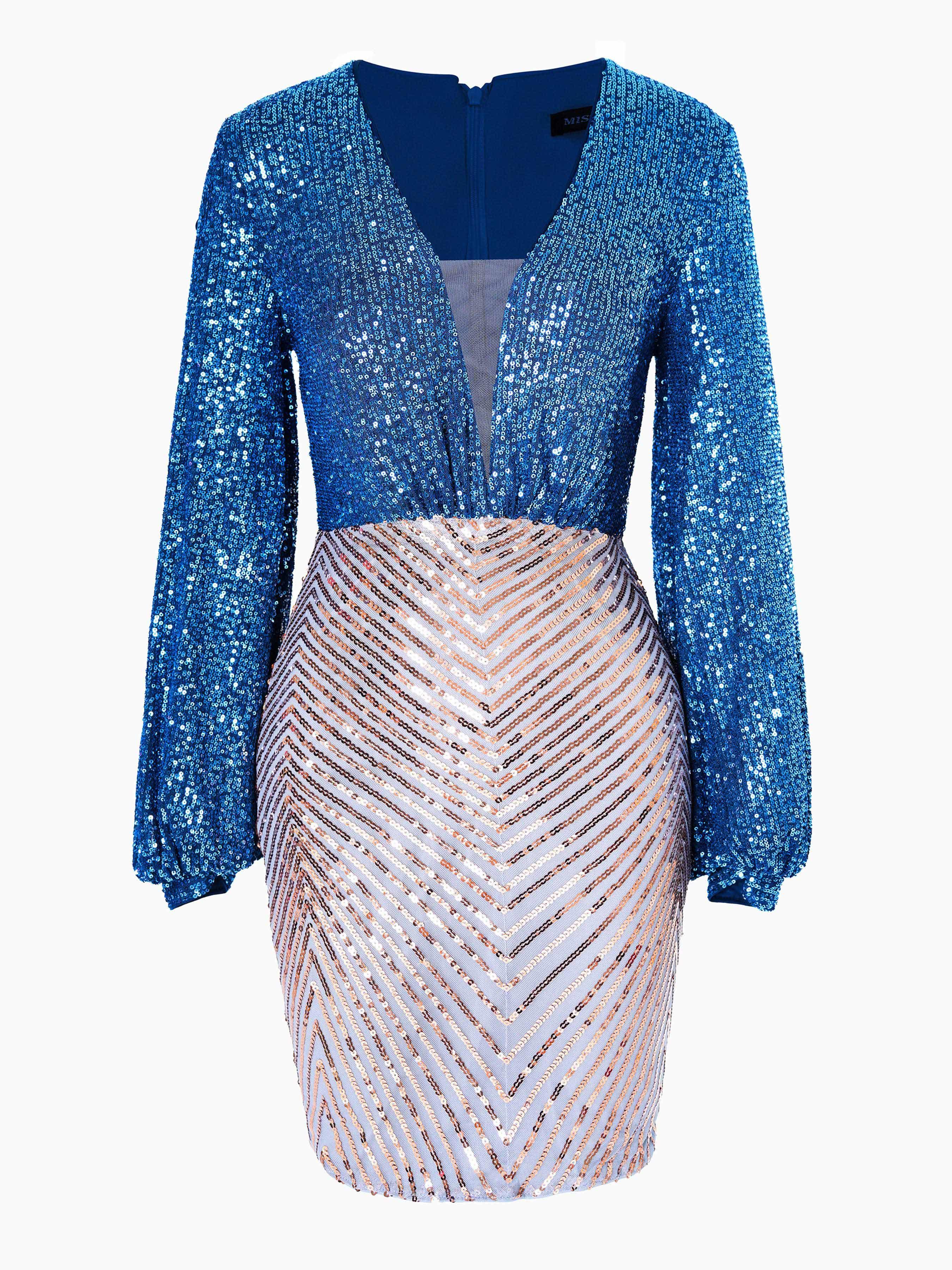 Deep V-Neck Sequin Blue Mini Dress RM20959