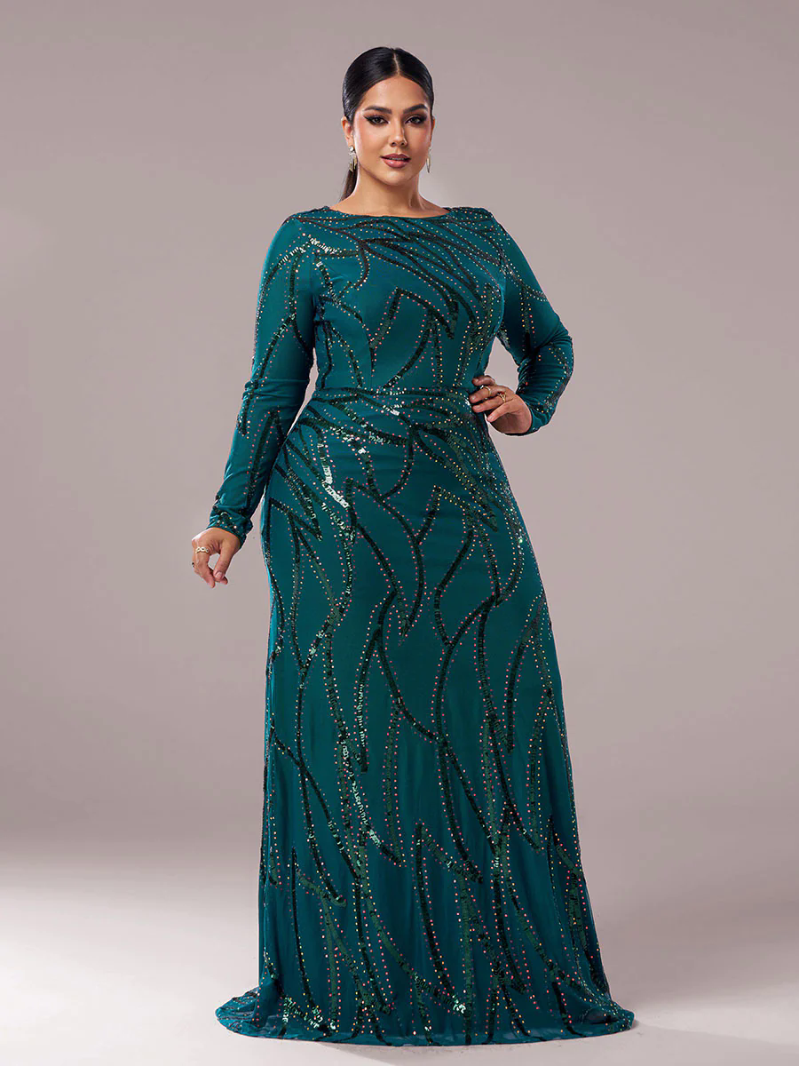 Plus Long Sleeve Sequin A-line Dress PXJ1962