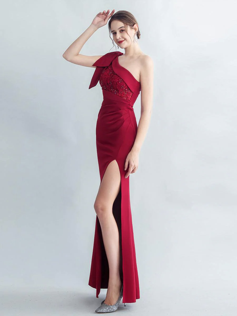 One Shoulder Panel Lace Split Prom Dress MYC2005