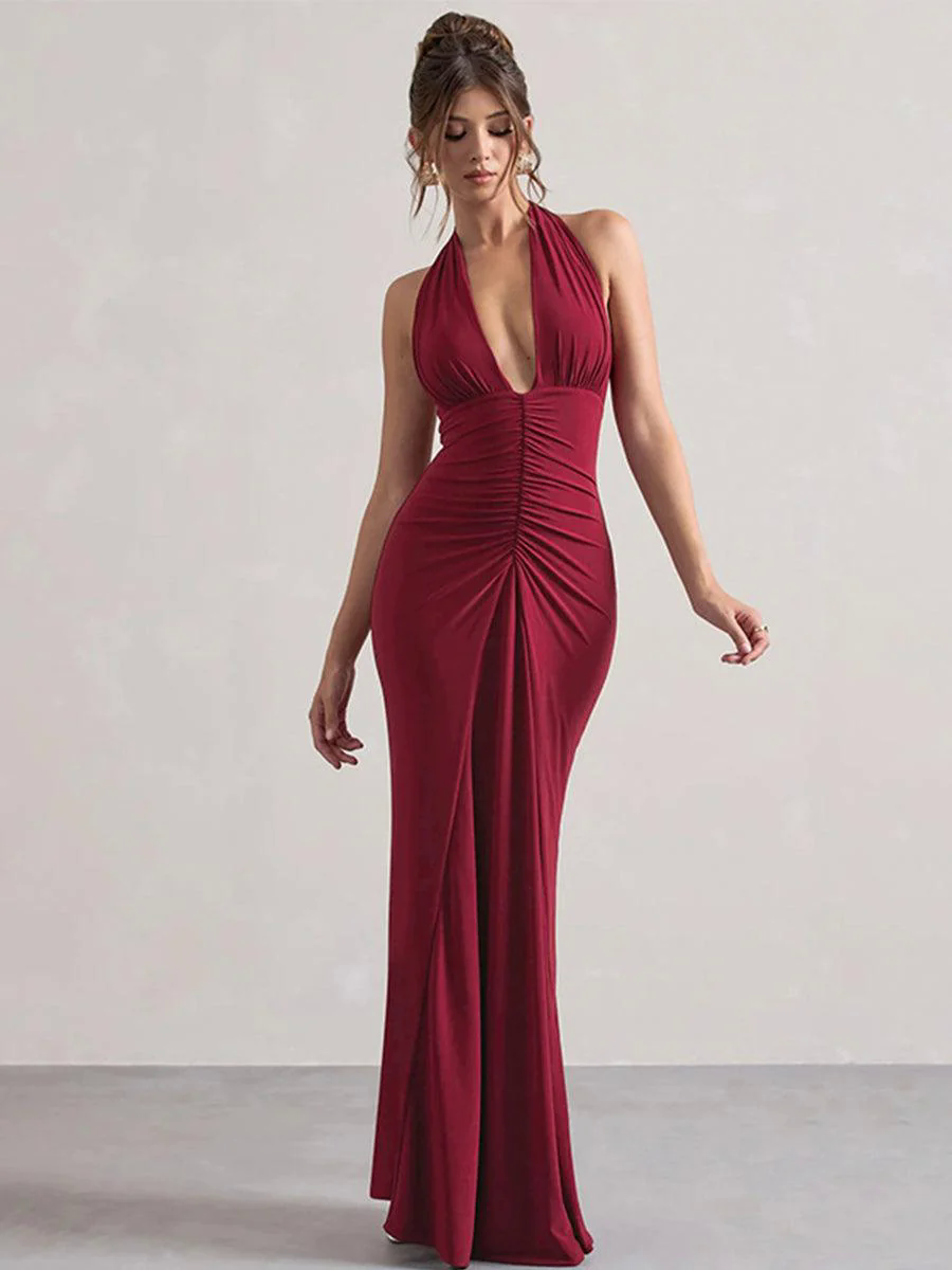 Halter Ruched Backless Formal Dress MYT1003