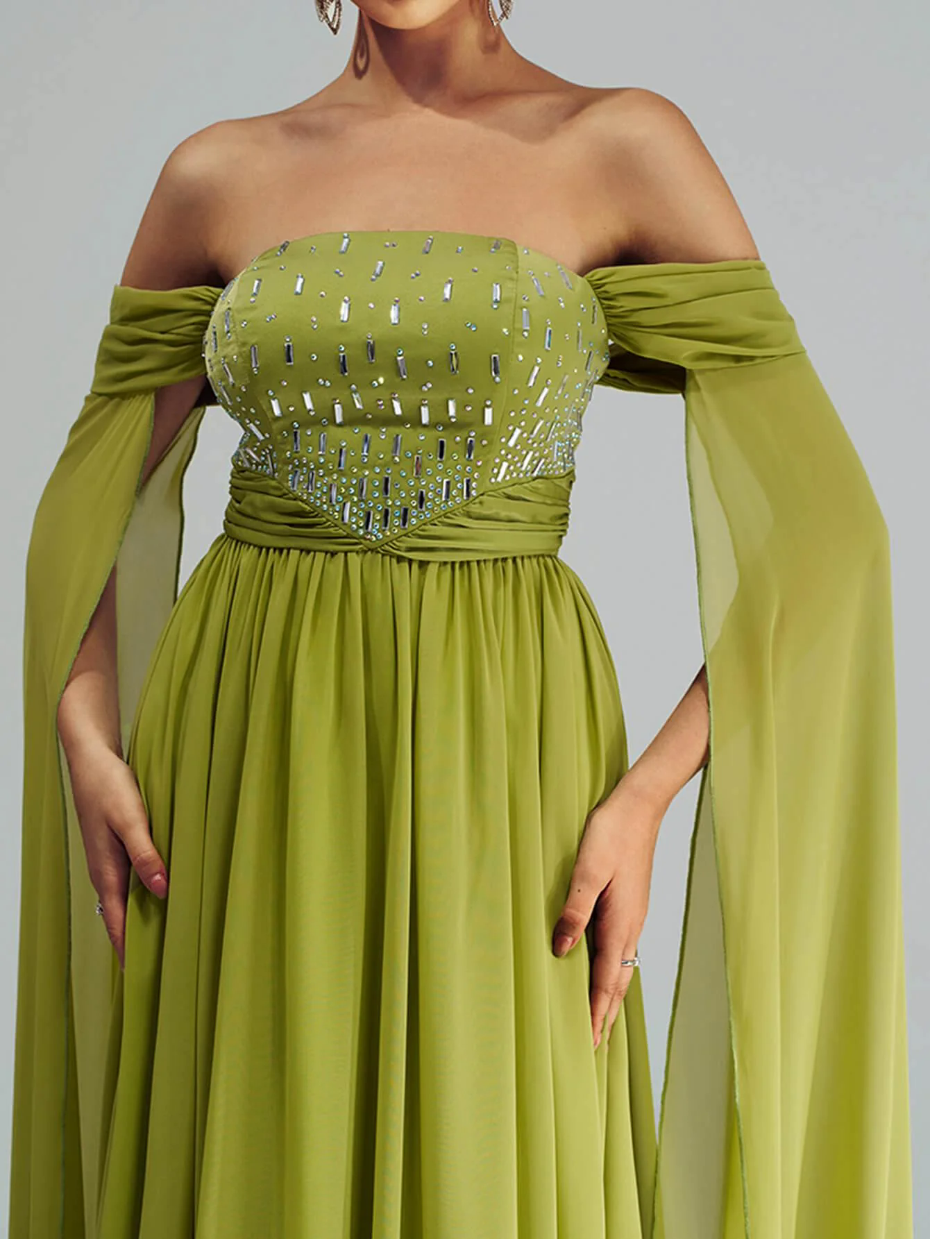 Green Chiffon Rhinestone Off Shoulder Prom Dress RX70147
