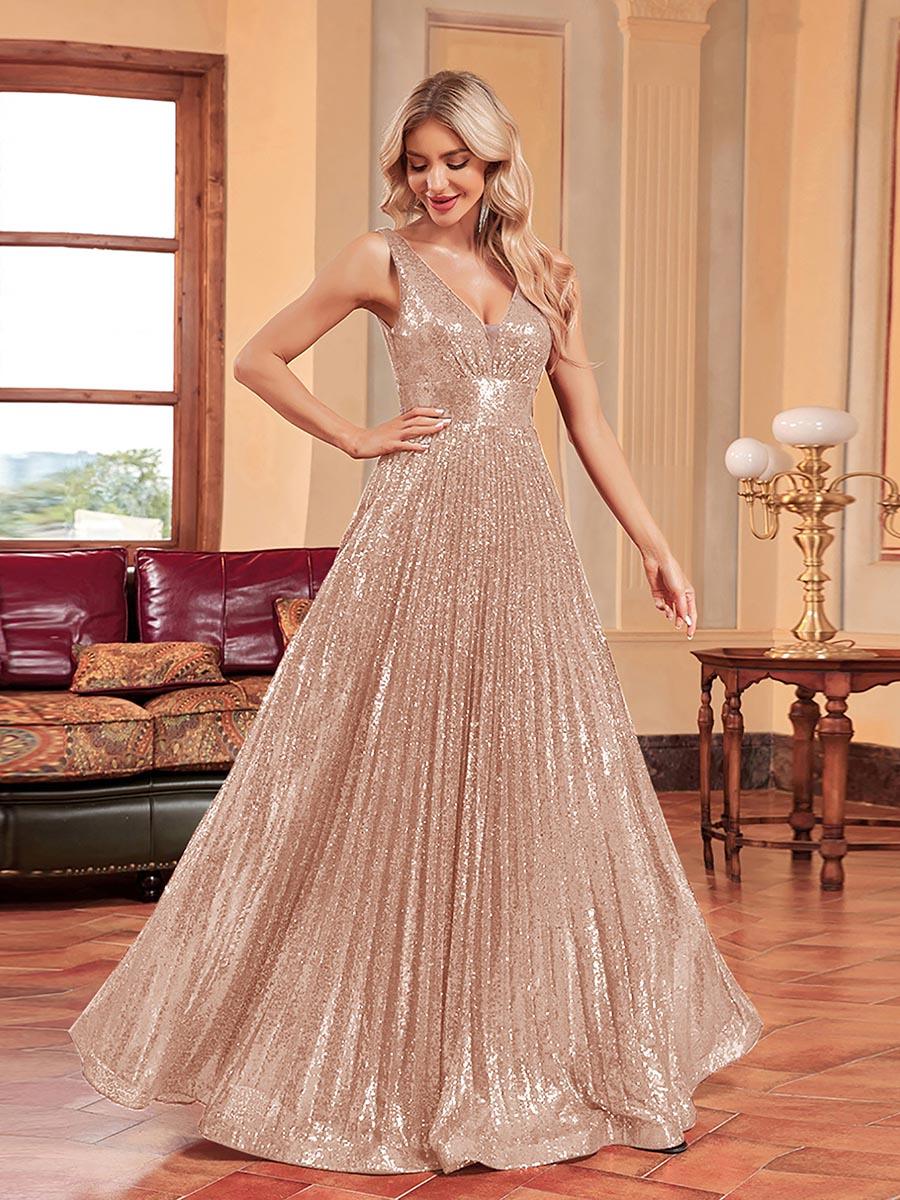 Sequin Pleated A-line V-neck Prom Dress MCC1236