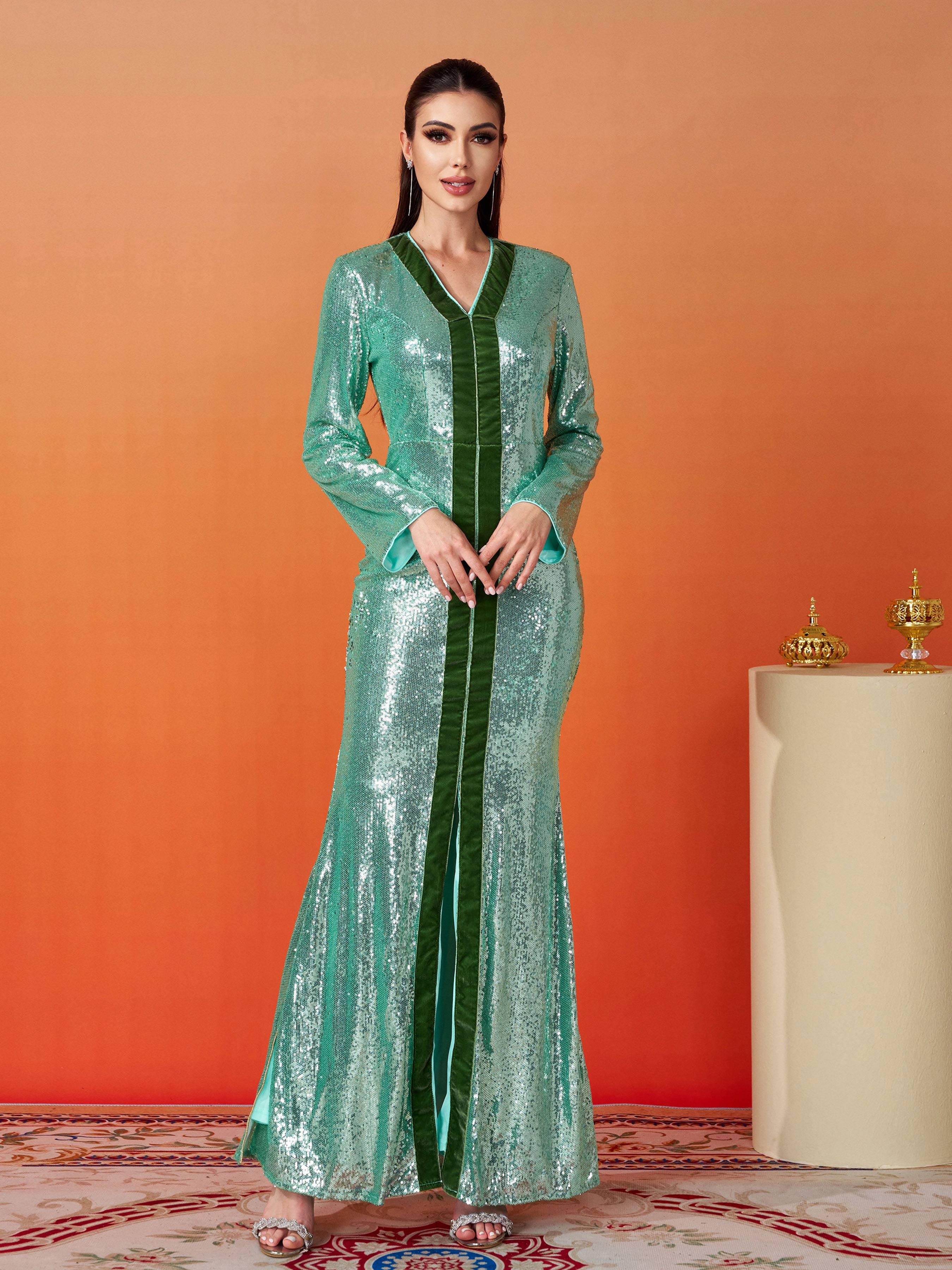 Stand Collar Split Maxi Sequin Dress MES00358