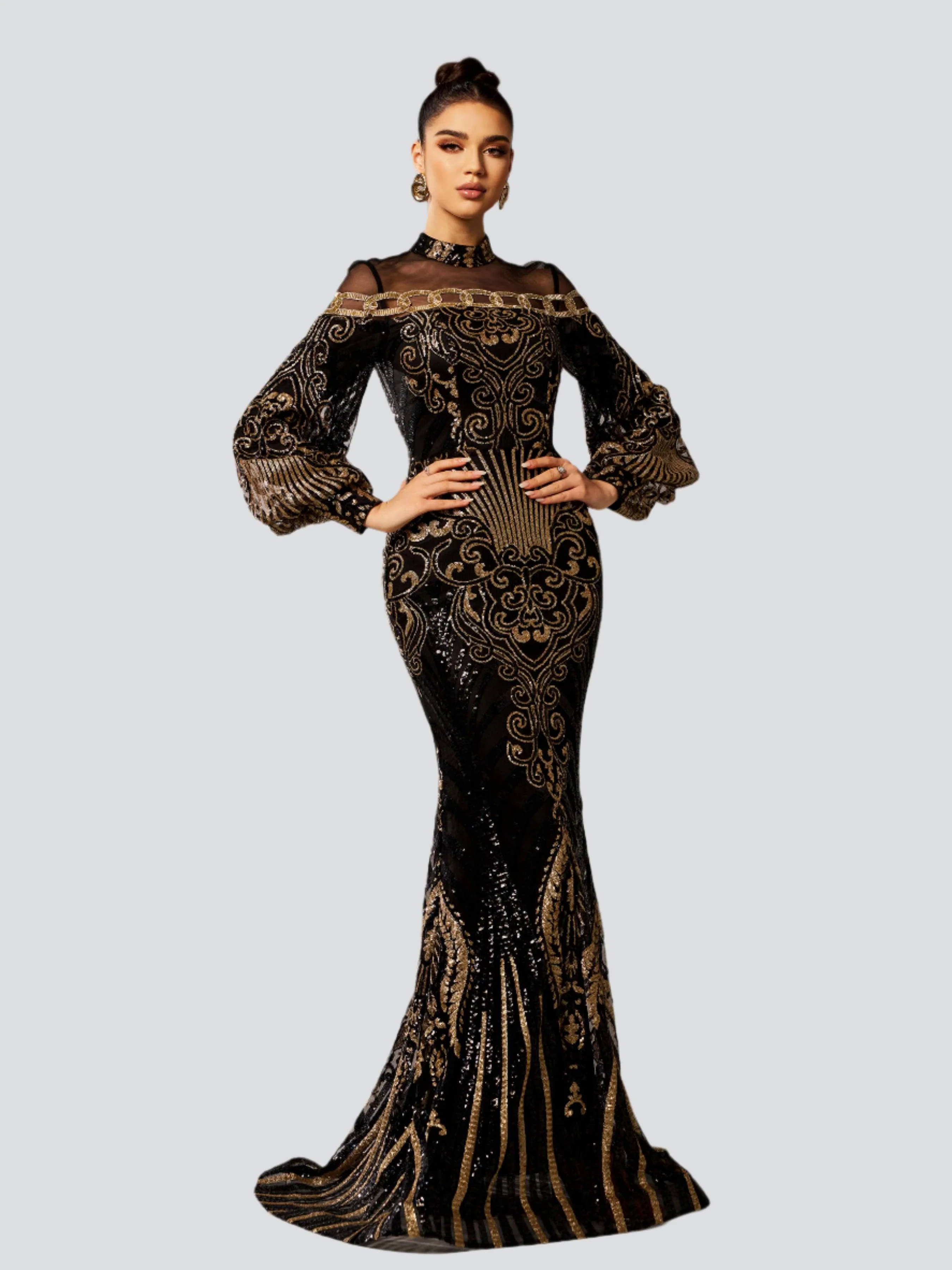 Luxe Embroidered Ballon Sleeve Evening Dress DH80229