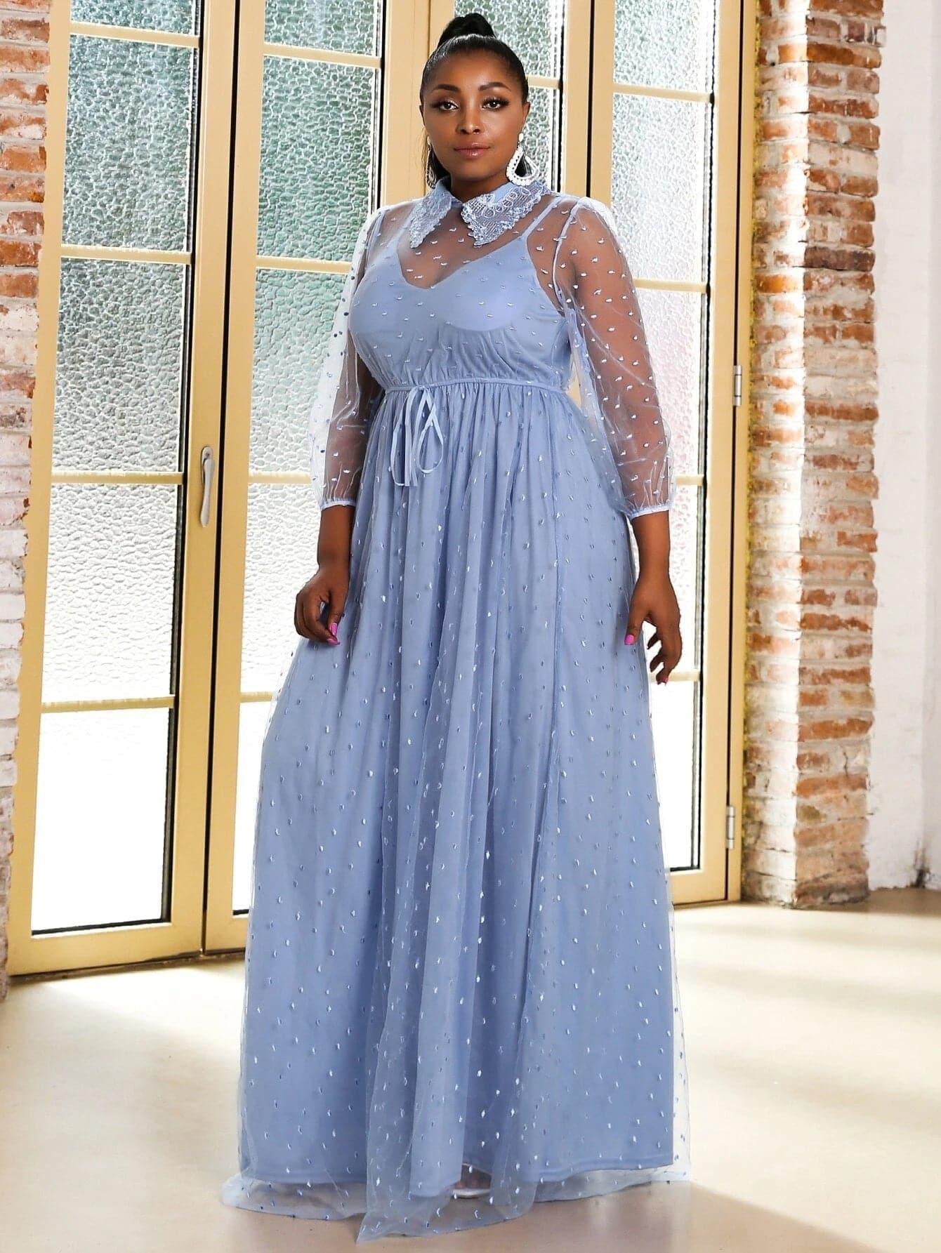 MISSORD Plus Knot Front Maxi Embroidery Mesh Prom Dress P0154