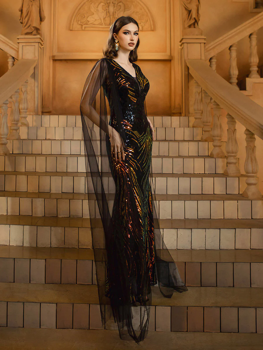 Black Mesh Sleeve Sequin Formal Dress RX70362