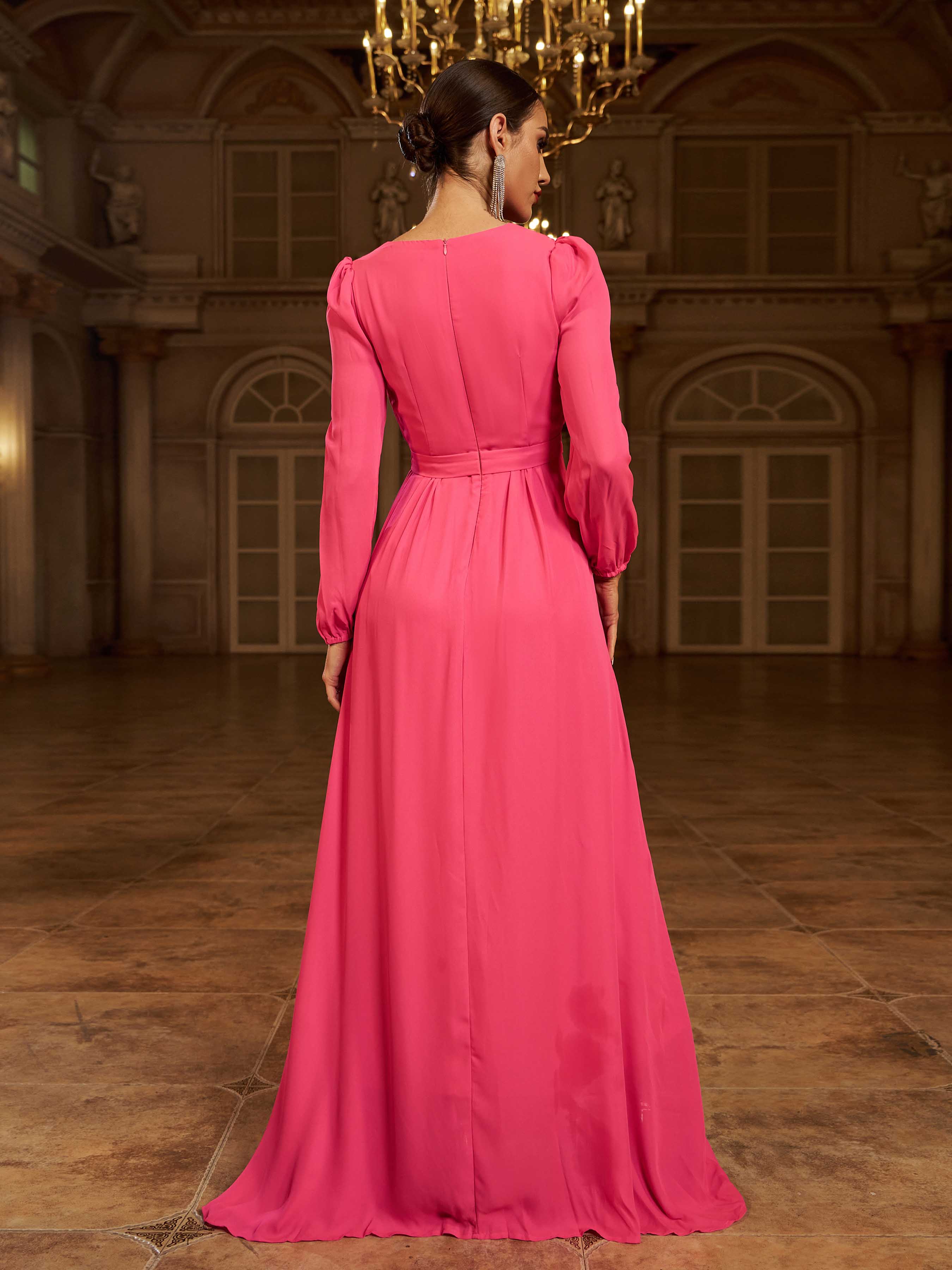 Formal V Neck A-Line Rose Red Chiffon Prom Dress XJ402