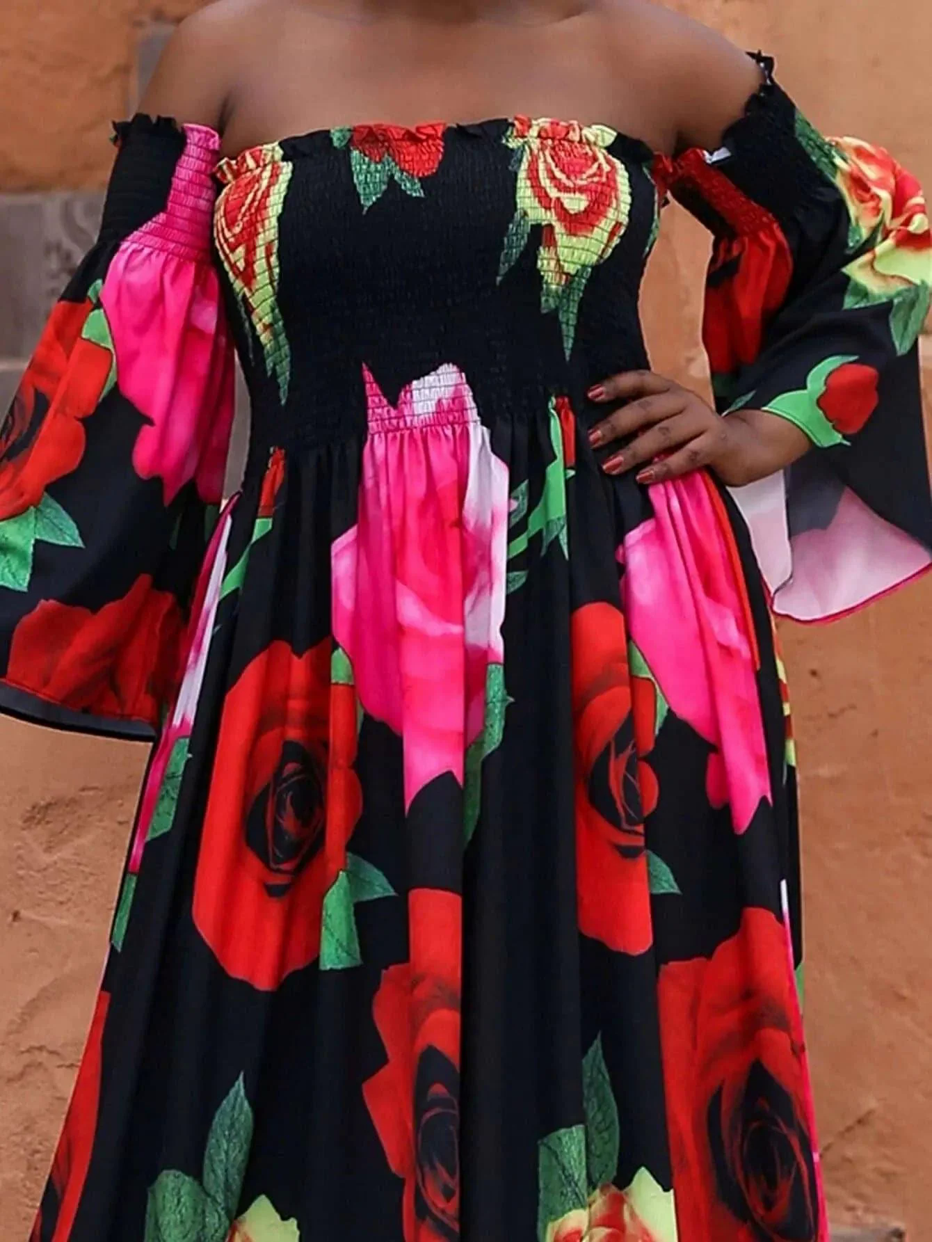 Missord Plus Floral Print Shirred Bardot Dress P0121