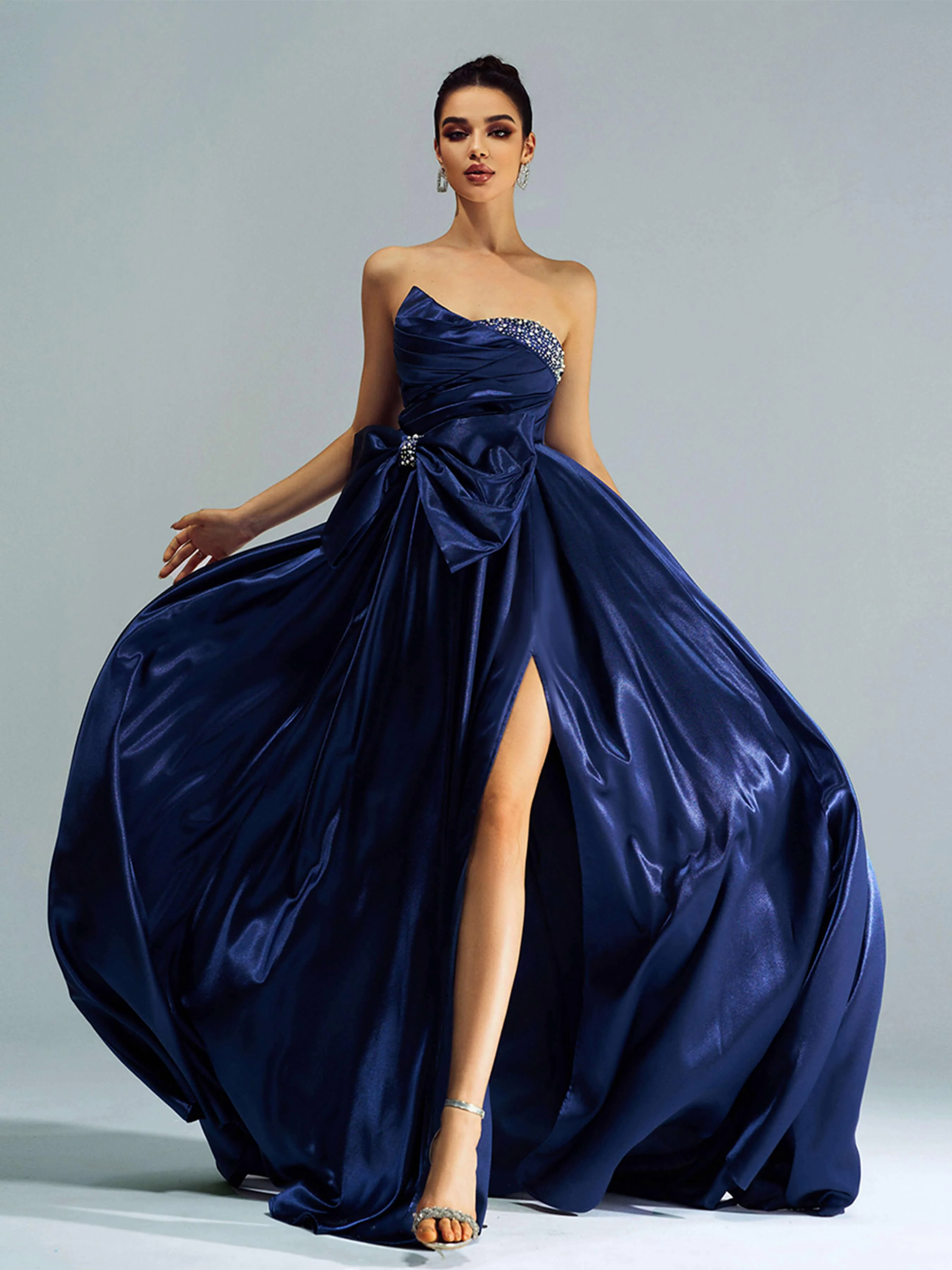 Bowknot Ruched Beaded Evening Dress GZ60067