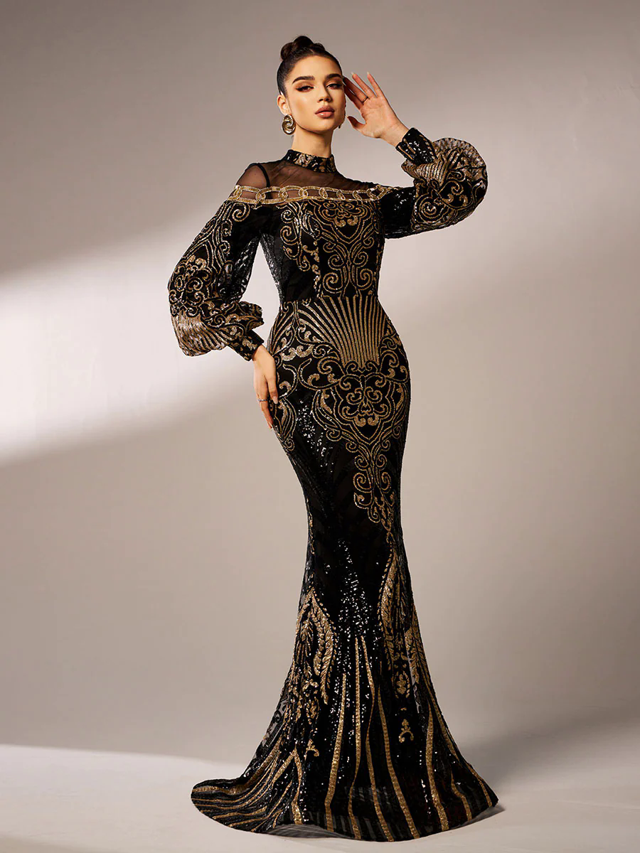 Luxe Embroidered Ballon Sleeve Evening Dress DH80229
