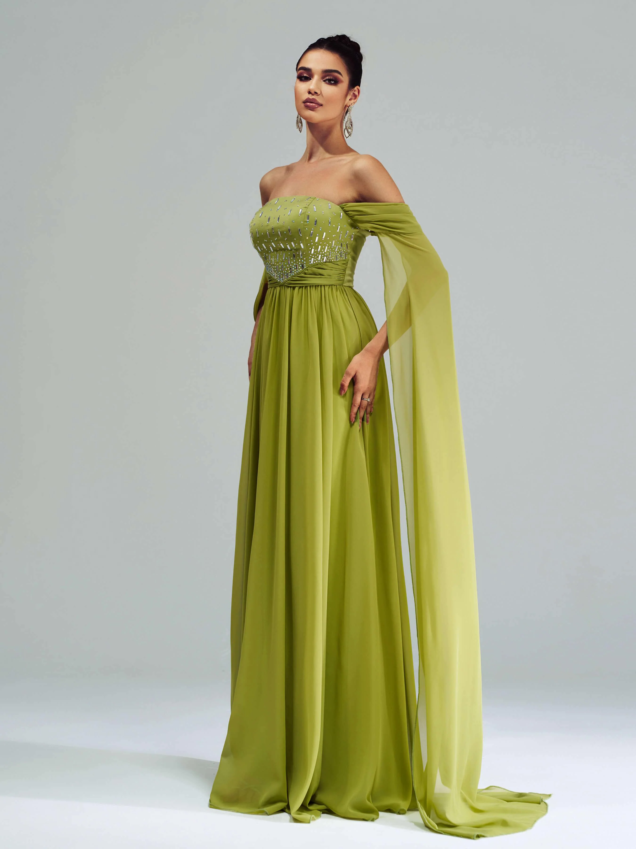 Green Chiffon Rhinestone Off Shoulder Prom Dress RX70147