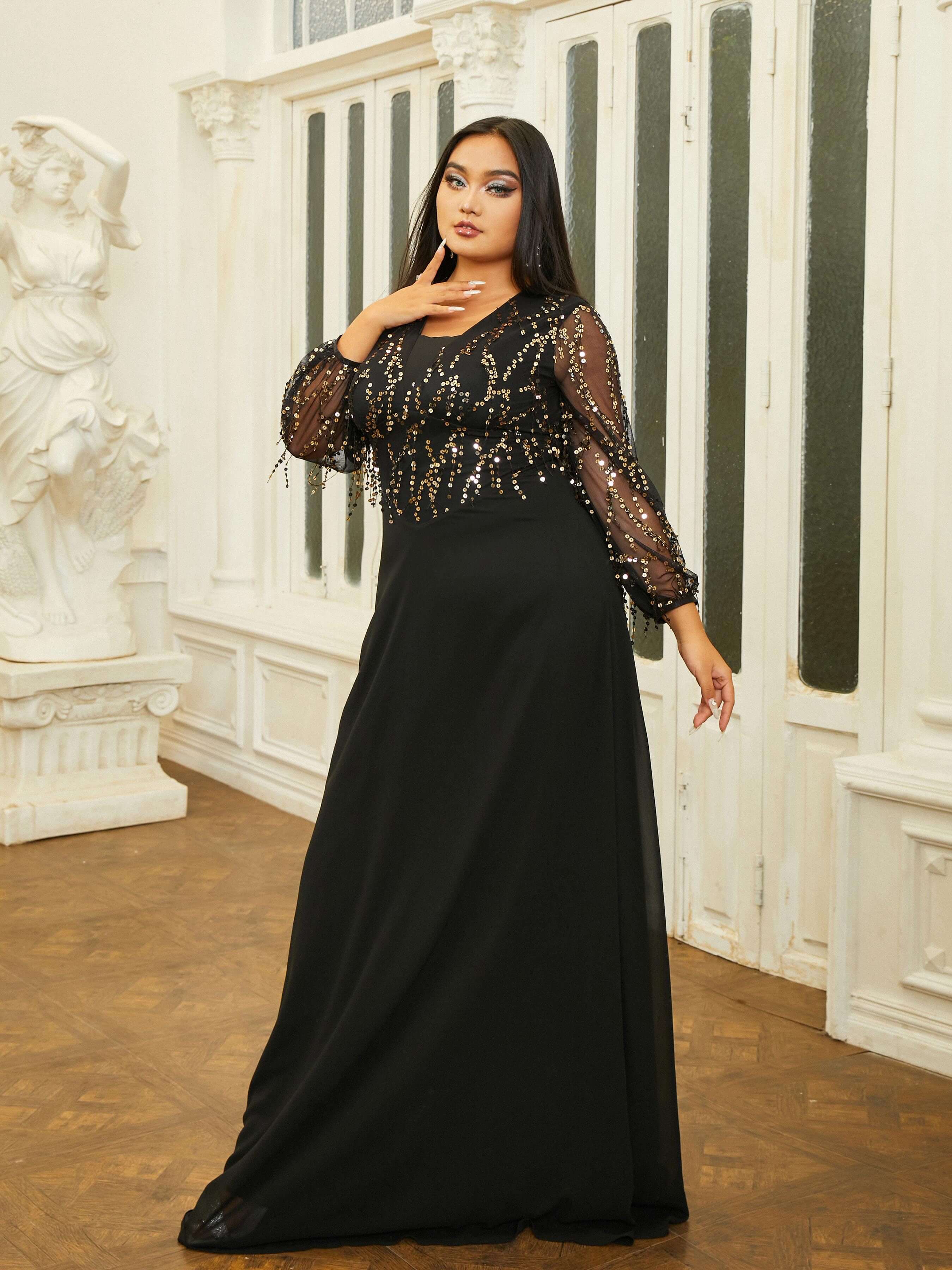 Plus Size Panel V-neck A-line Prom Dress PRM20910